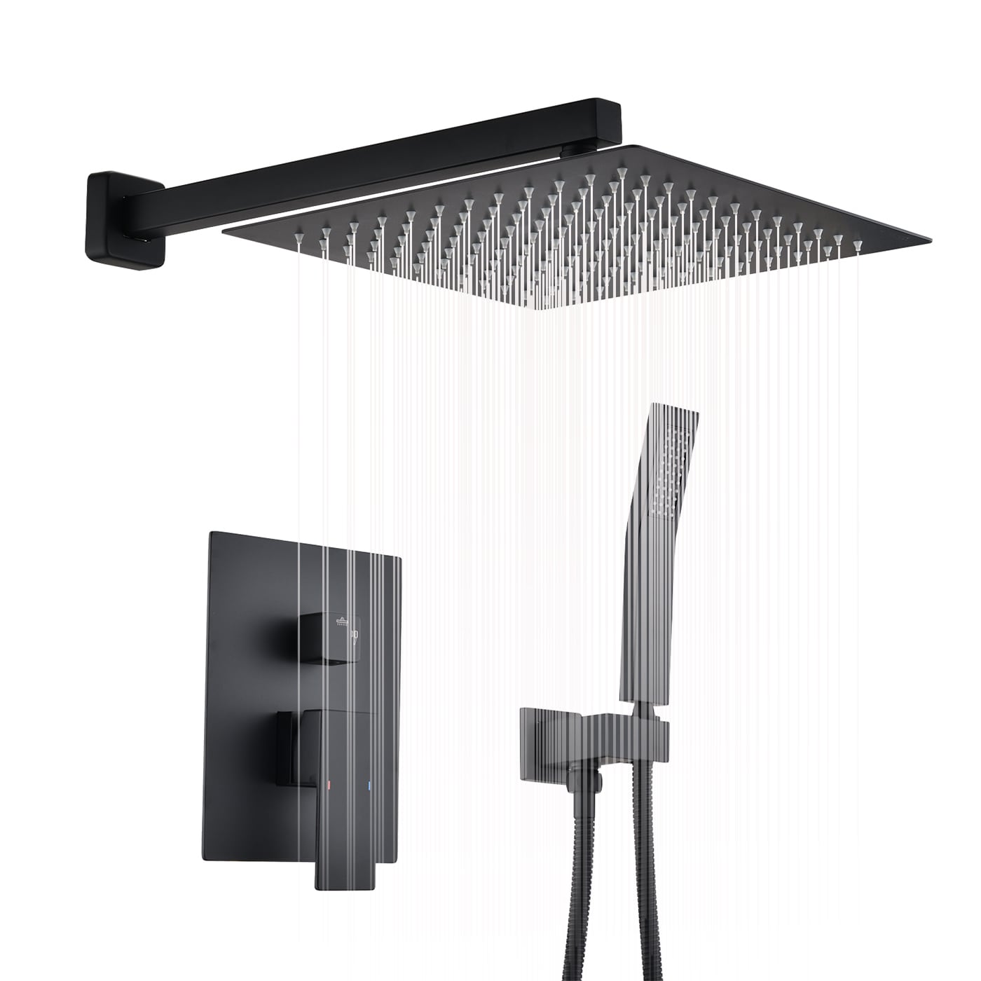 Sistema de regadera de lluvia WELLFOR DT Negro Mate, grifo de ducha de 1 manija, función única, regadera cuadrada de 12 pulgadas con válvula DTG-803S12MB