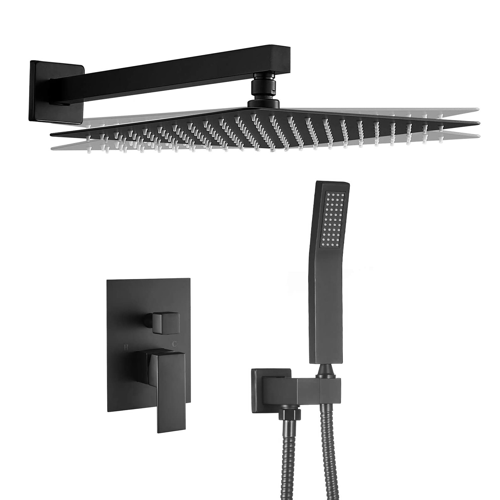 Sistema de regadera de lluvia WELLFOR DT Negro Mate, grifo de ducha de 1 manija, función única, regadera cuadrada de 12 pulgadas con válvula DTG-803S12MB