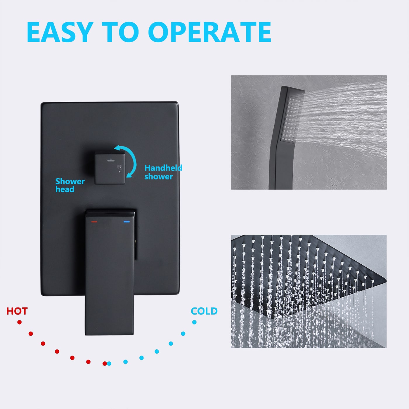 Sistema de regadera de lluvia WELLFOR DT Negro Mate, grifo de ducha de 1 manija, función única, regadera cuadrada de 12 pulgadas con válvula DTG-803S12MB