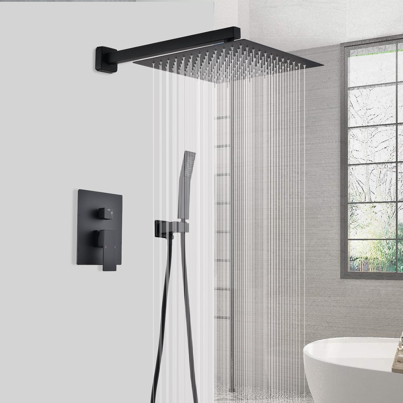 Sistema de regadera de lluvia WELLFOR DT Negro Mate, grifo de ducha de 1 manija, función única, regadera cuadrada de 12 pulgadas con válvula DTG-803S12MB