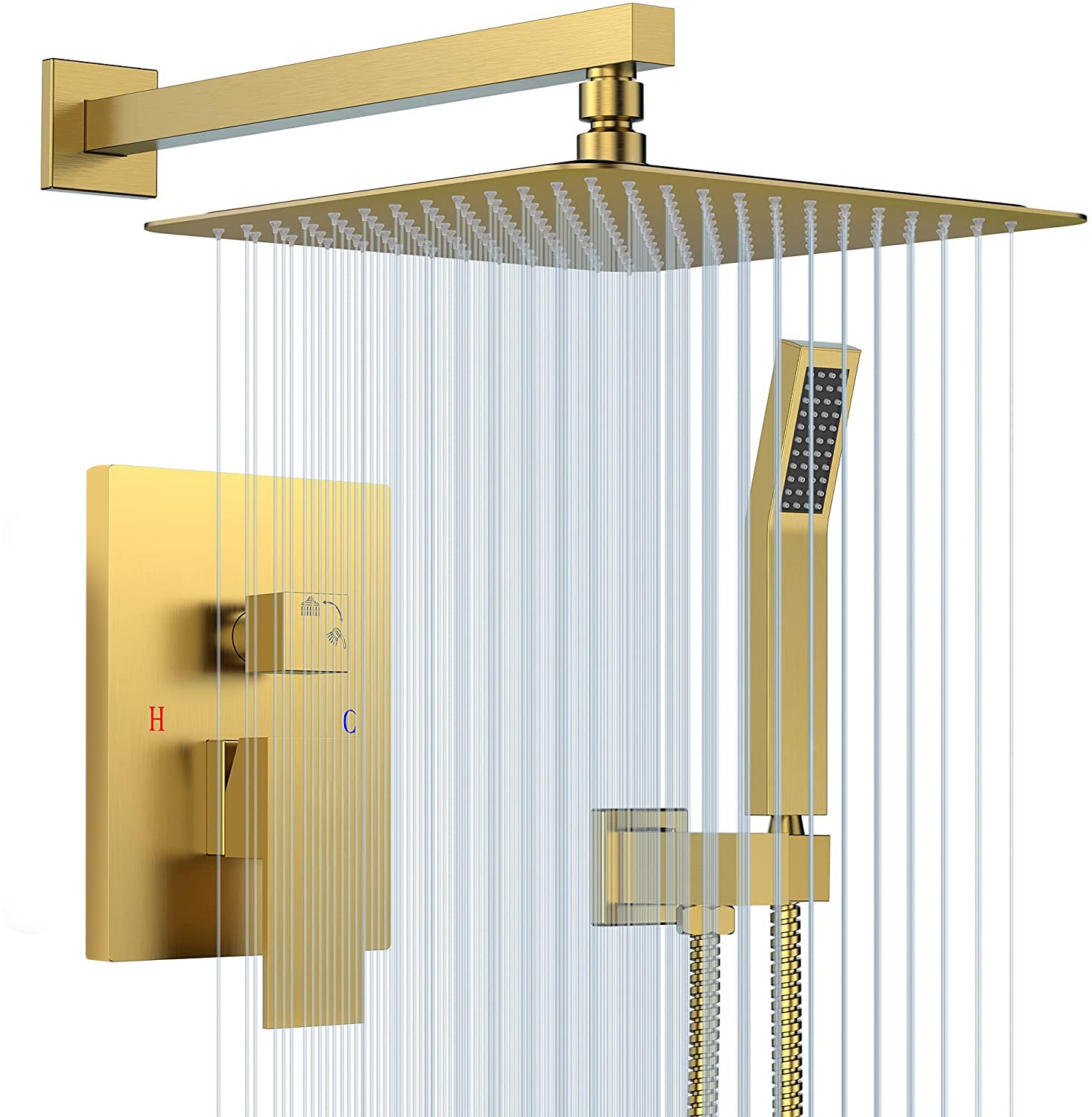 Sistema de regadera WELLFOR DT con llave de ducha en dorado cepillado de 1 asa, función única, regadera cuadrada de 12 pulgadas con válvula DTG-803S12BG.