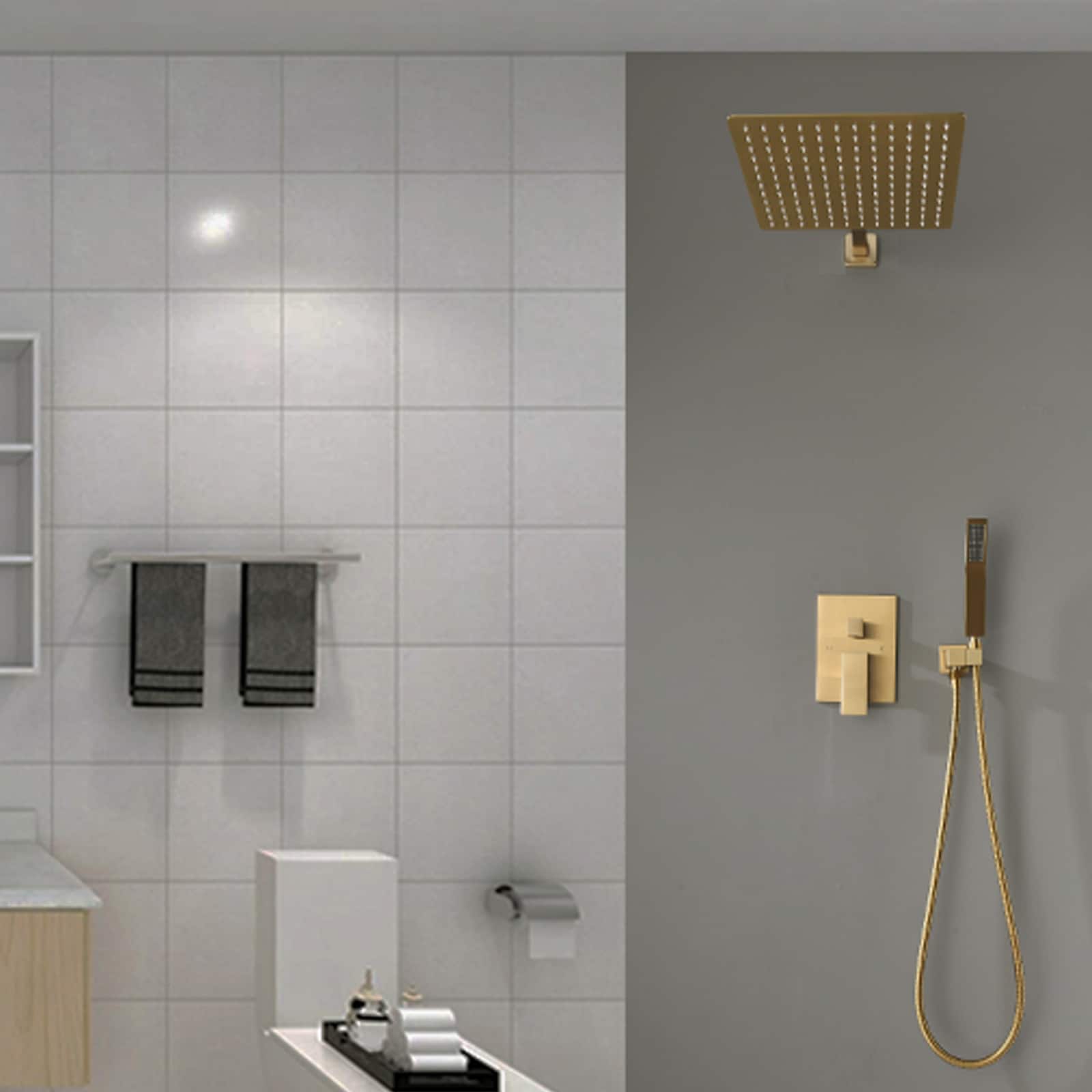 Sistema de regadera WELLFOR DT con llave de ducha en dorado cepillado de 1 asa, función única, regadera cuadrada de 12 pulgadas con válvula DTG-803S12BG.
