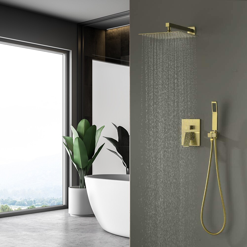 Sistema de regadera WELLFOR DT con llave de ducha en dorado cepillado de 1 asa, función única, regadera cuadrada de 12 pulgadas con válvula DTG-803S12BG.