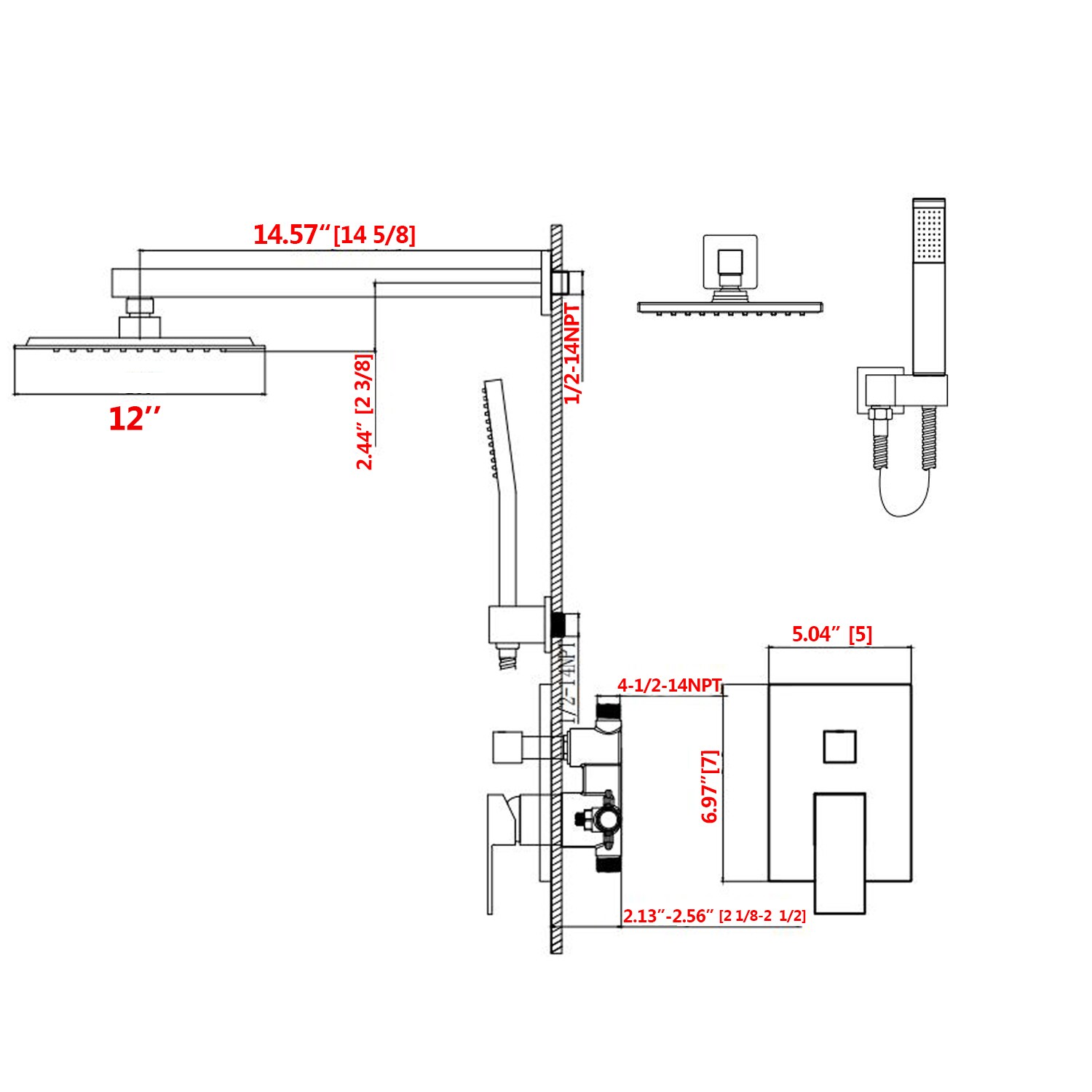 Sistema de regadera WELLFOR DT con llave de ducha en dorado cepillado de 1 asa, función única, regadera cuadrada de 12 pulgadas con válvula DTG-803S12BG.