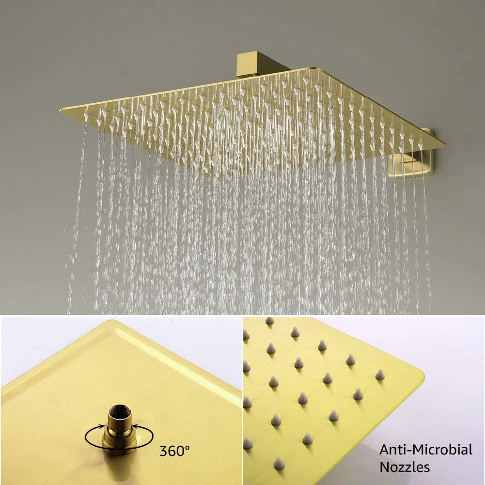 Sistema de regadera WELLFOR DT con llave de ducha en dorado cepillado de 1 asa, función única, regadera cuadrada de 12 pulgadas con válvula DTG-803S12BG.