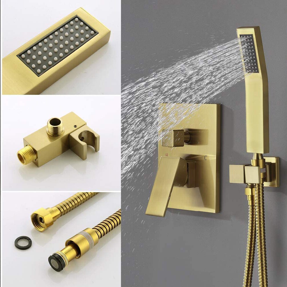 Sistema de regadera WELLFOR DT con llave de ducha en dorado cepillado de 1 asa, función única, regadera cuadrada de 12 pulgadas con válvula DTG-803S12BG.