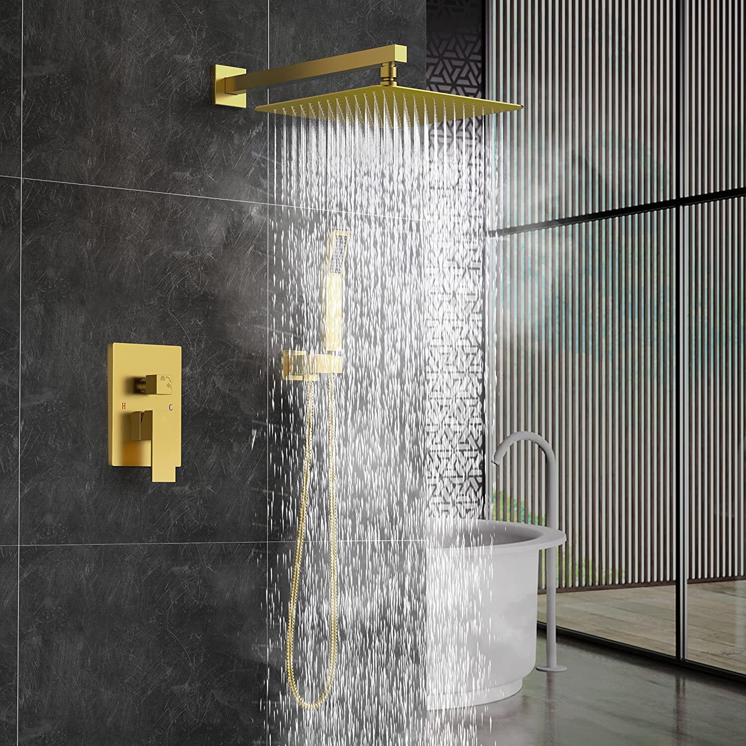 Sistema de regadera WELLFOR DT con llave de ducha en dorado cepillado de 1 asa, función única, regadera cuadrada de 12 pulgadas con válvula DTG-803S12BG.