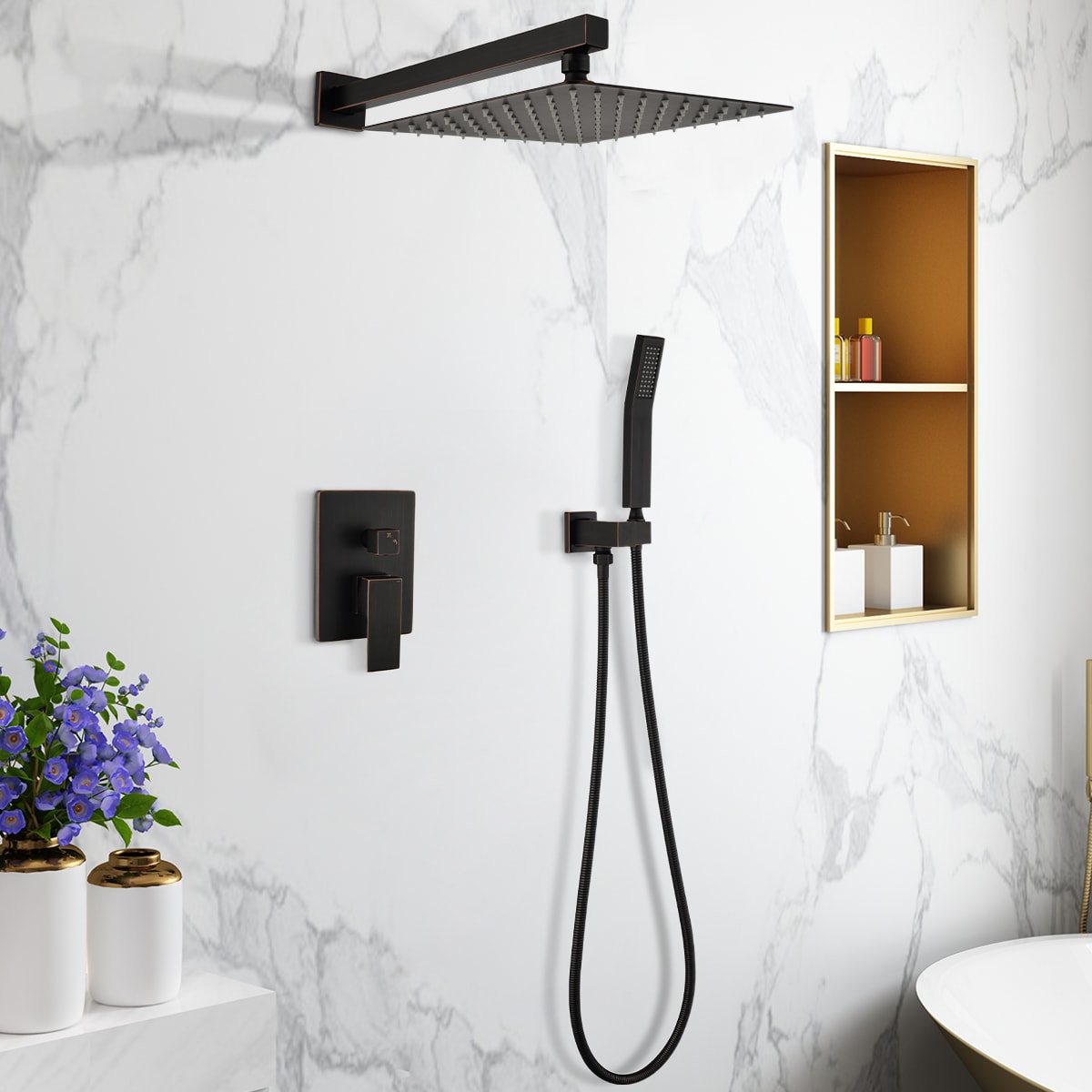 Sistema de Regadera WELLFOR DT con Grifo de Ducha en Aceite Bronce Frotado de 1 Mango y función única de 12 pulgadas, Cuadrado con Válvula DTG-806CS12ORB