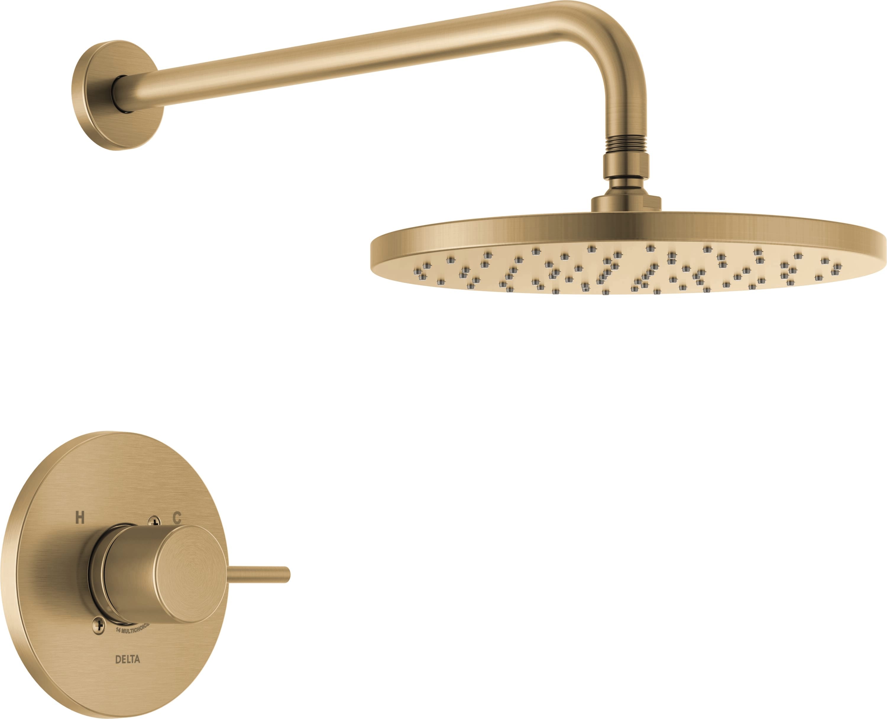 Grifo de ducha redondo de 10 pulgadas en bronce champán moderno de un solo mango y función única Delta T14269-CZ-PP