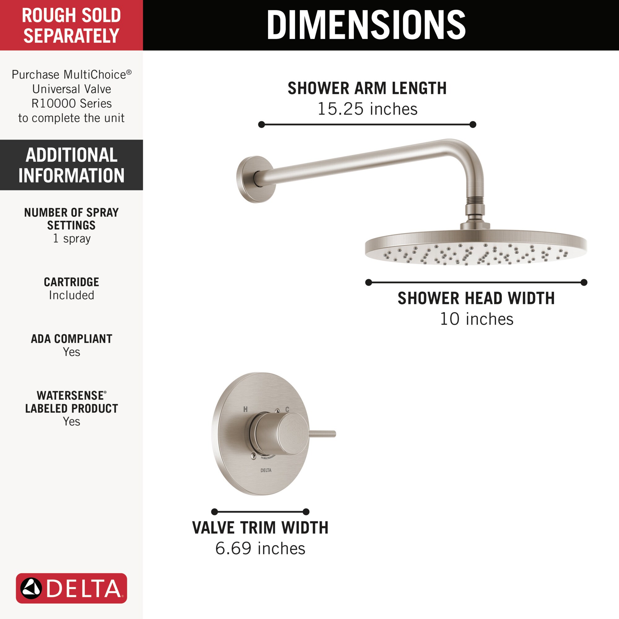 Grifo de Ducha Redondo de 10 Pulgadas con Acabado SpotShield en Acero Inoxidable y una sola manija de la marca Delta