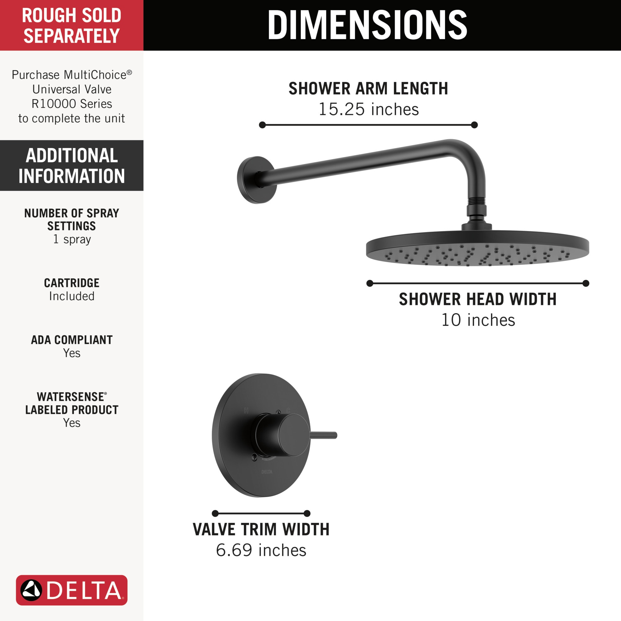 Regadera redonda de 10 pulgadas con acabado mate negro moderno de una sola manija - Delta T14269-BL-PP