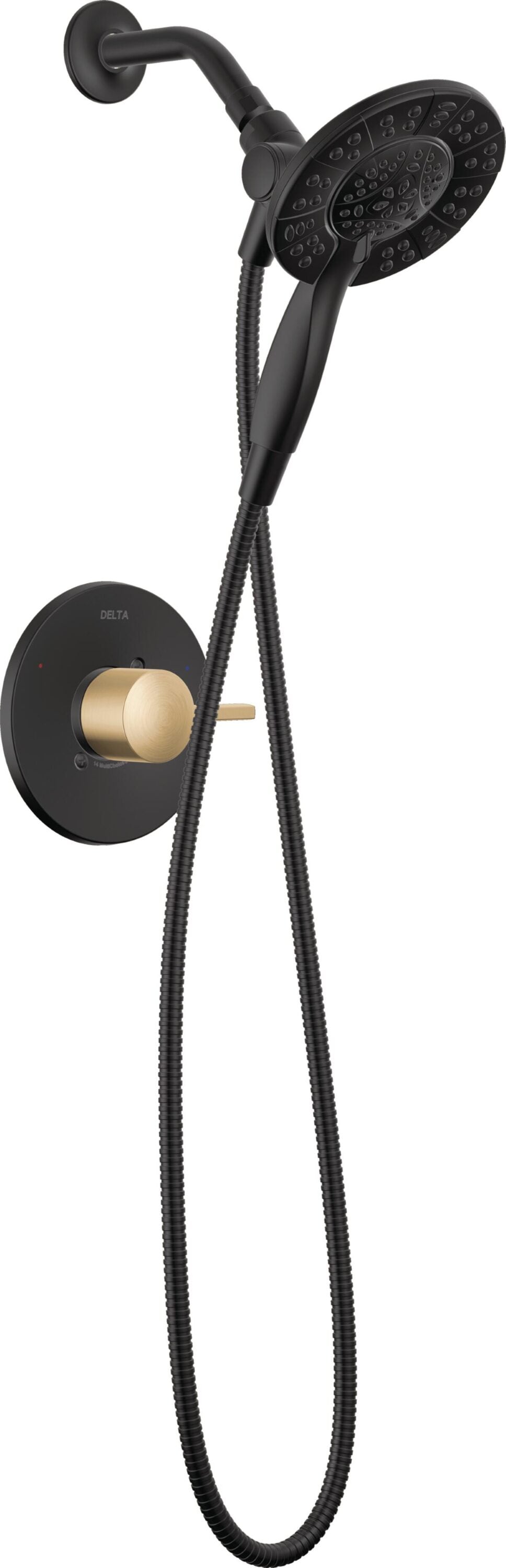 Regadera redonda de 6.0 pulgadas con un mango en color negro/bronce champán Delta Albion T142855-GZ-I