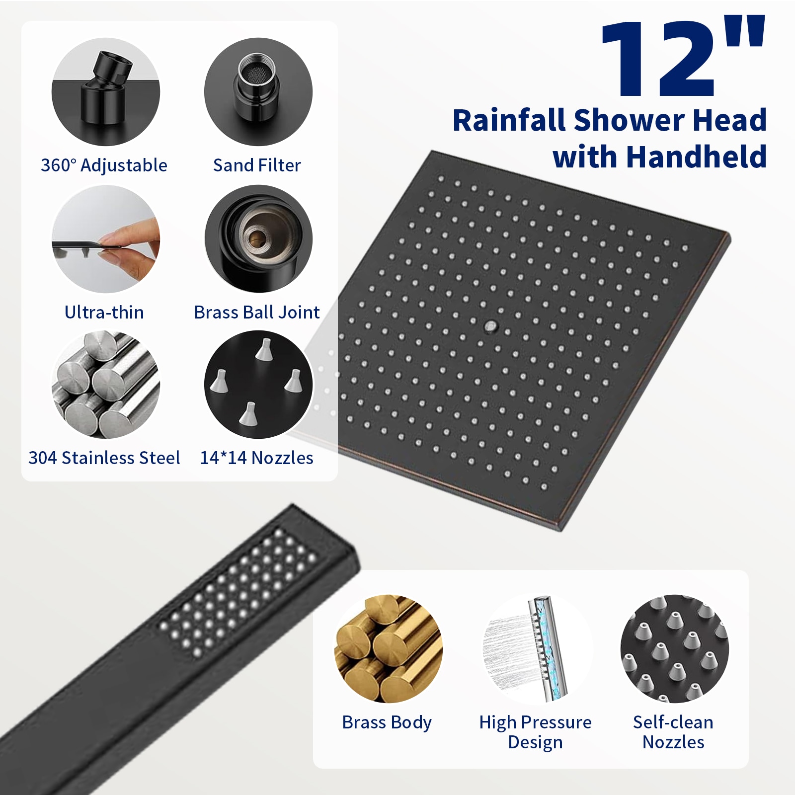 Mezcladora para regadera de Aceite Bronce Cepillado con 1 manija - Regadera Multifuncional cuadrada de 12 pulgadas con válvula A-95012-ORB