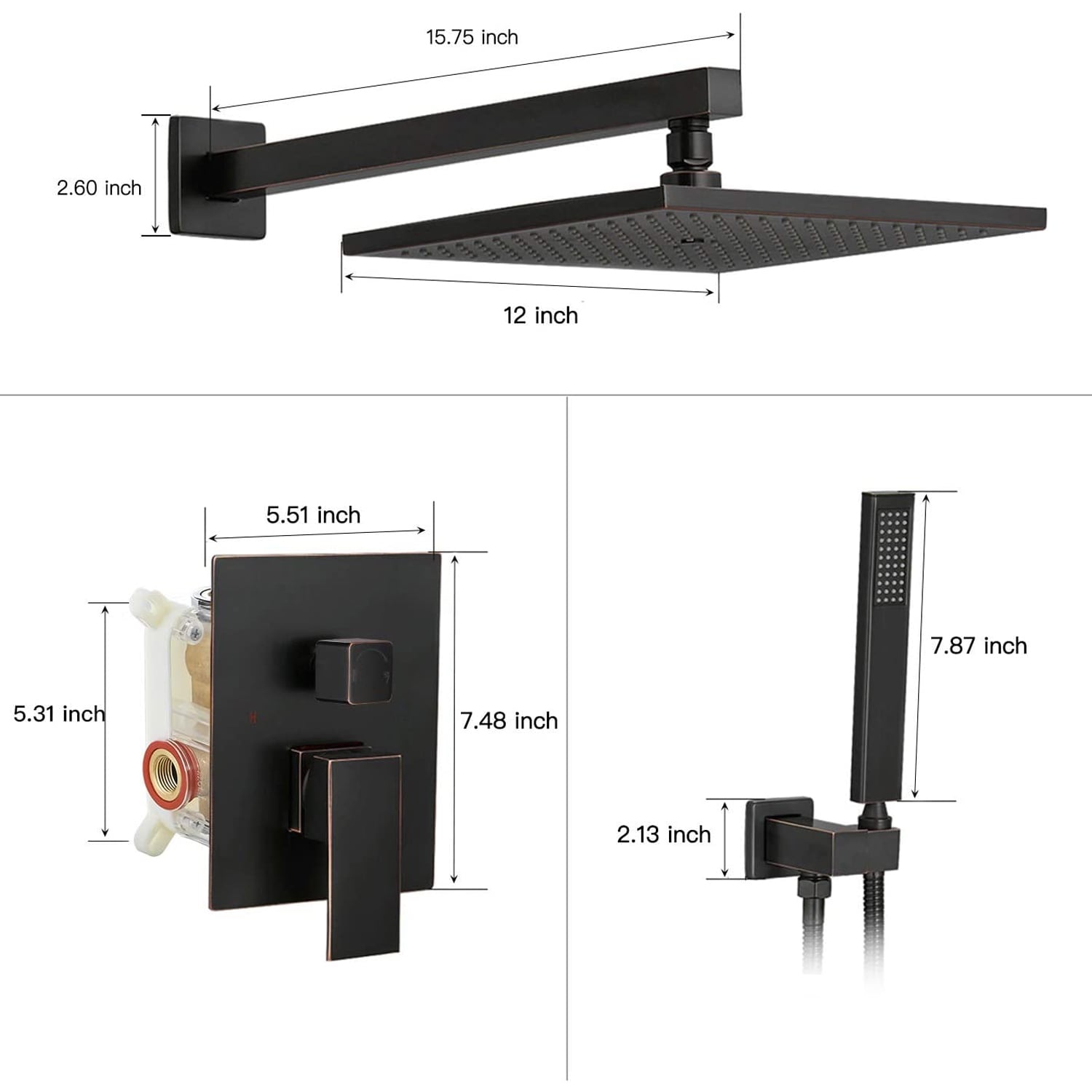 Mezcladora para regadera de Aceite Bronce Cepillado con 1 manija - Regadera Multifuncional cuadrada de 12 pulgadas con válvula A-95012-ORB