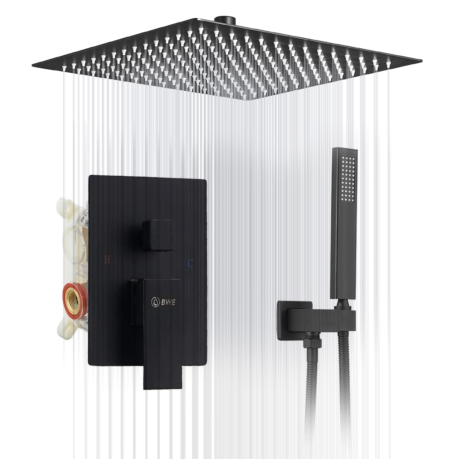 Mezcladora de regadera mate negra de una manija multifuncional de 16 pulgadas con válvula - A-95017-NEGRO