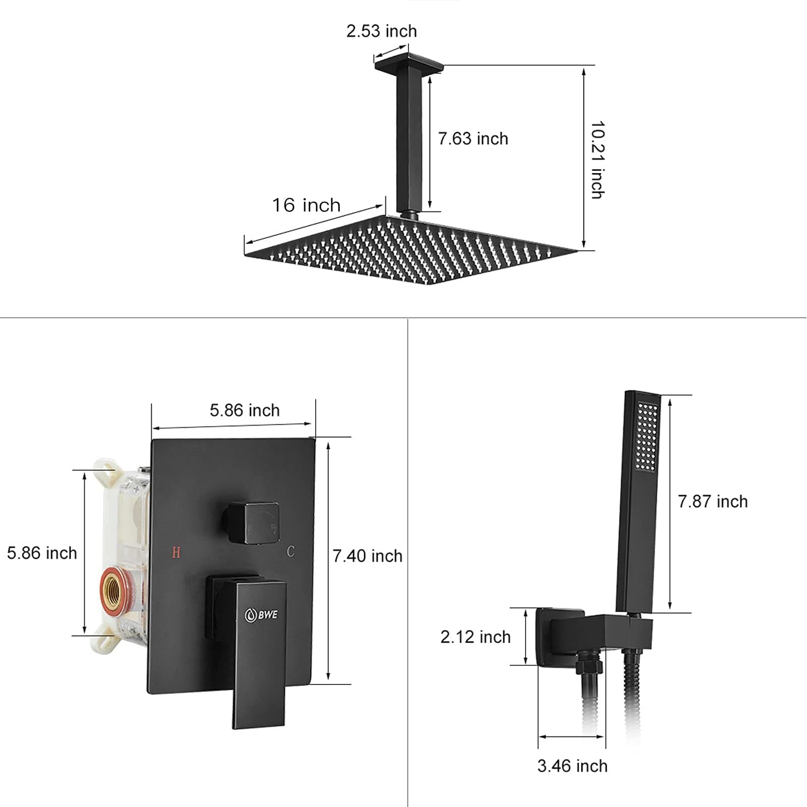 Mezcladora de regadera mate negra de una manija multifuncional de 16 pulgadas con válvula - A-95017-NEGRO