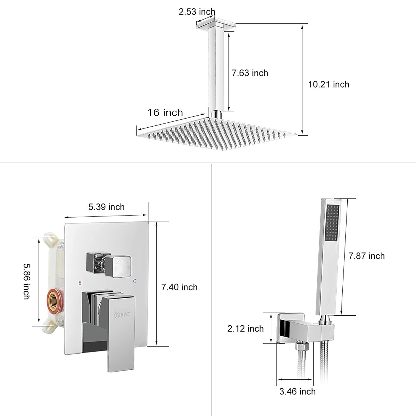 Regadera Cromada de una Manija con Función Múltiple 16 pulgadas - Modelo A-95017