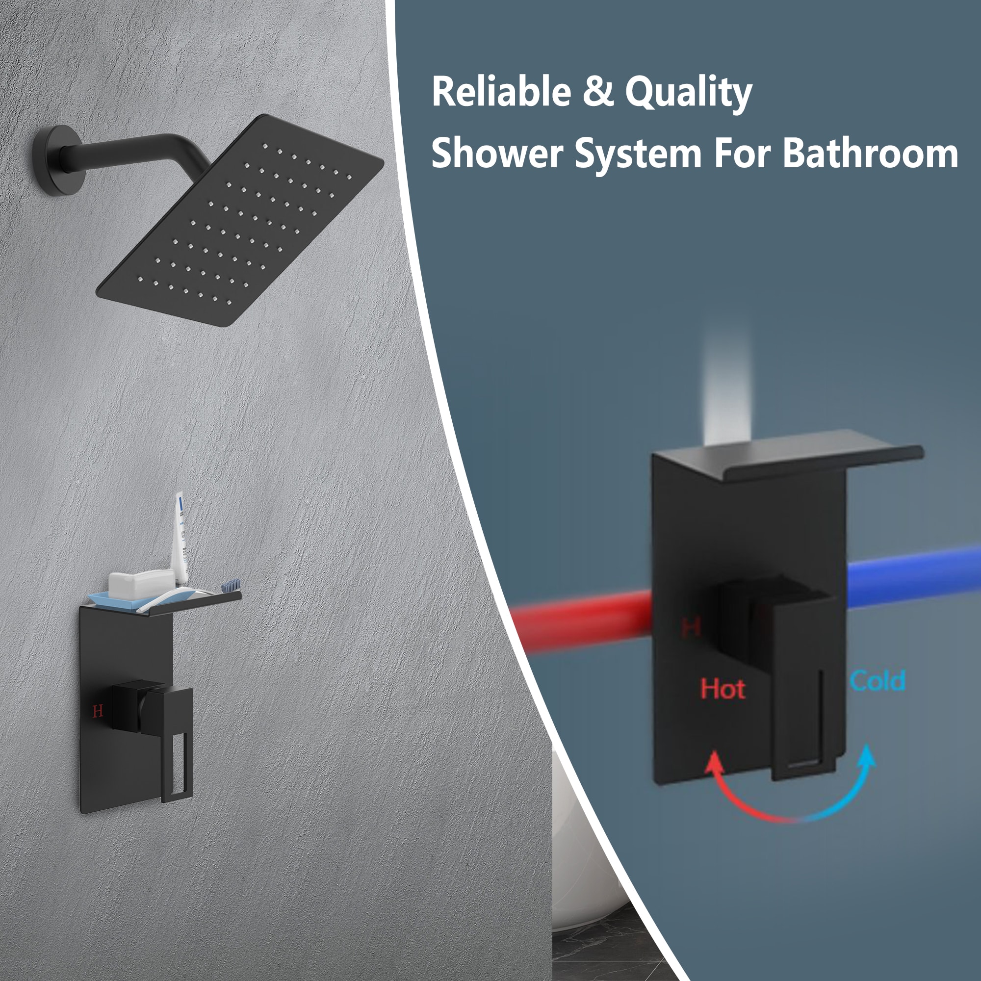 Regadera cuadrada de 8 pulgadas con manija única y función simple en negro mate de WELLFOR con válvula WA15029MB02.