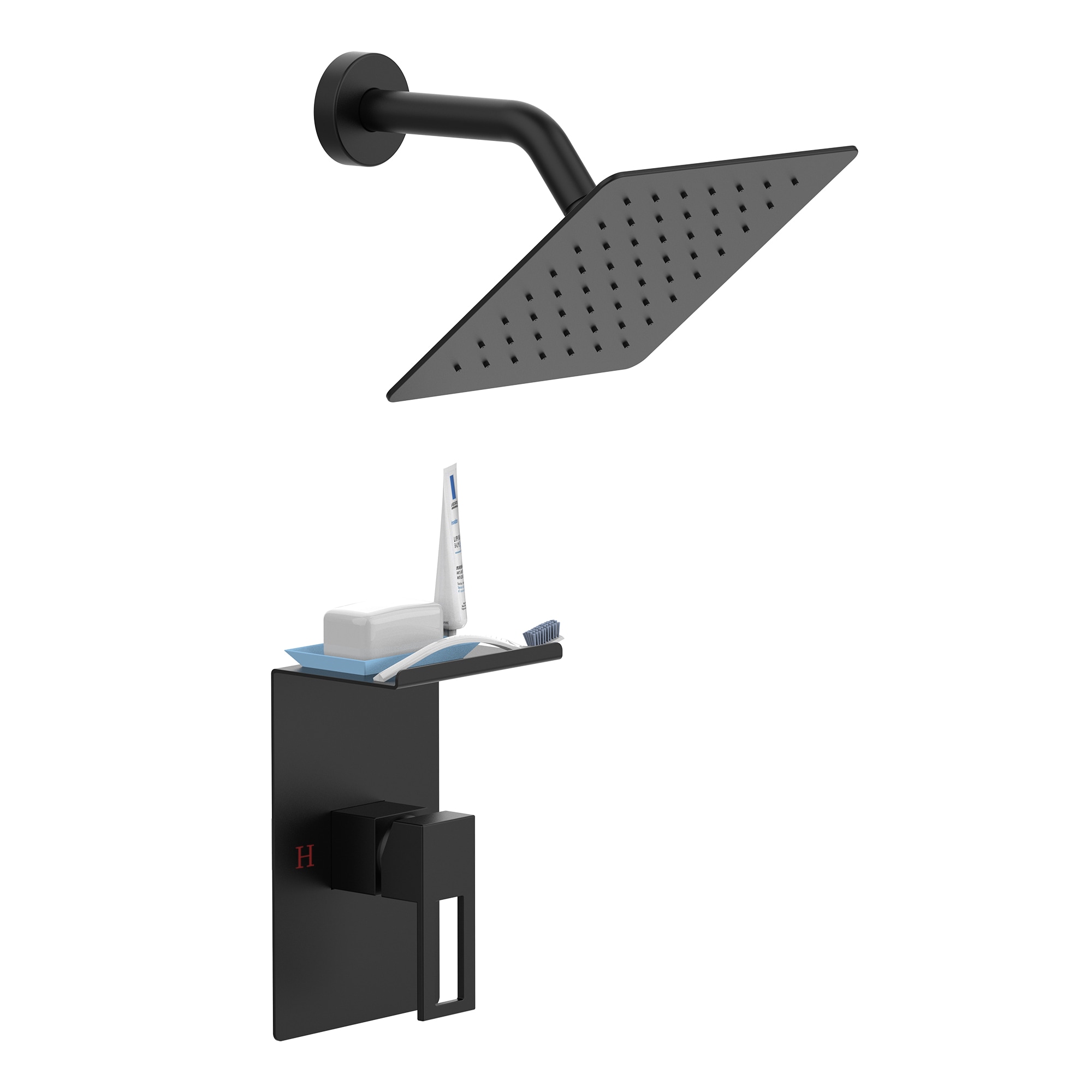 Regadera cuadrada de 8 pulgadas con manija única y función simple en negro mate de WELLFOR con válvula WA15029MB02.