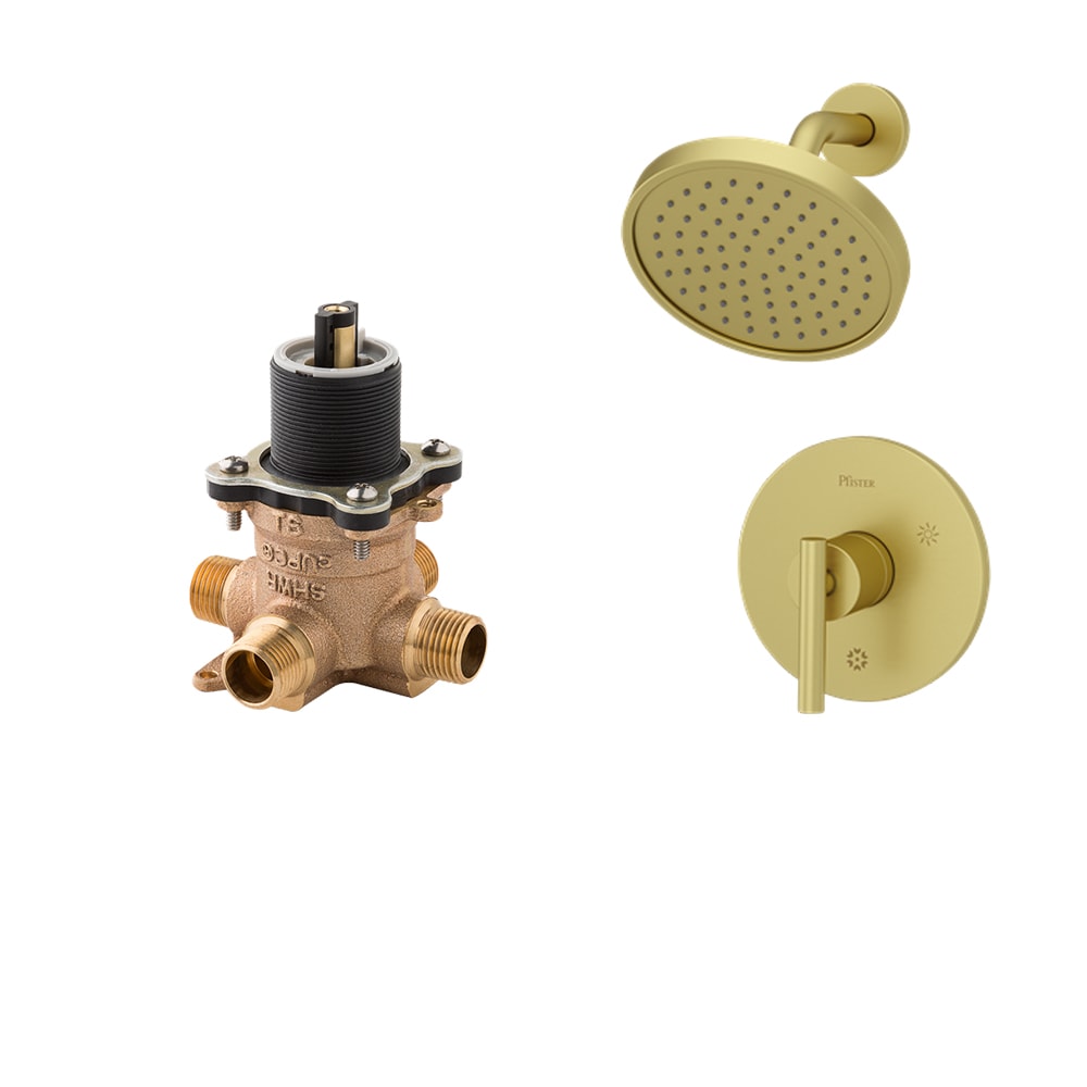 Mezcladora de ducha redonda de 1 asa en oro cepillado Contempra de Pfister con función multiusos de 5.6562 pulgadas y válvula LG89-7NCBG-0X8-310A