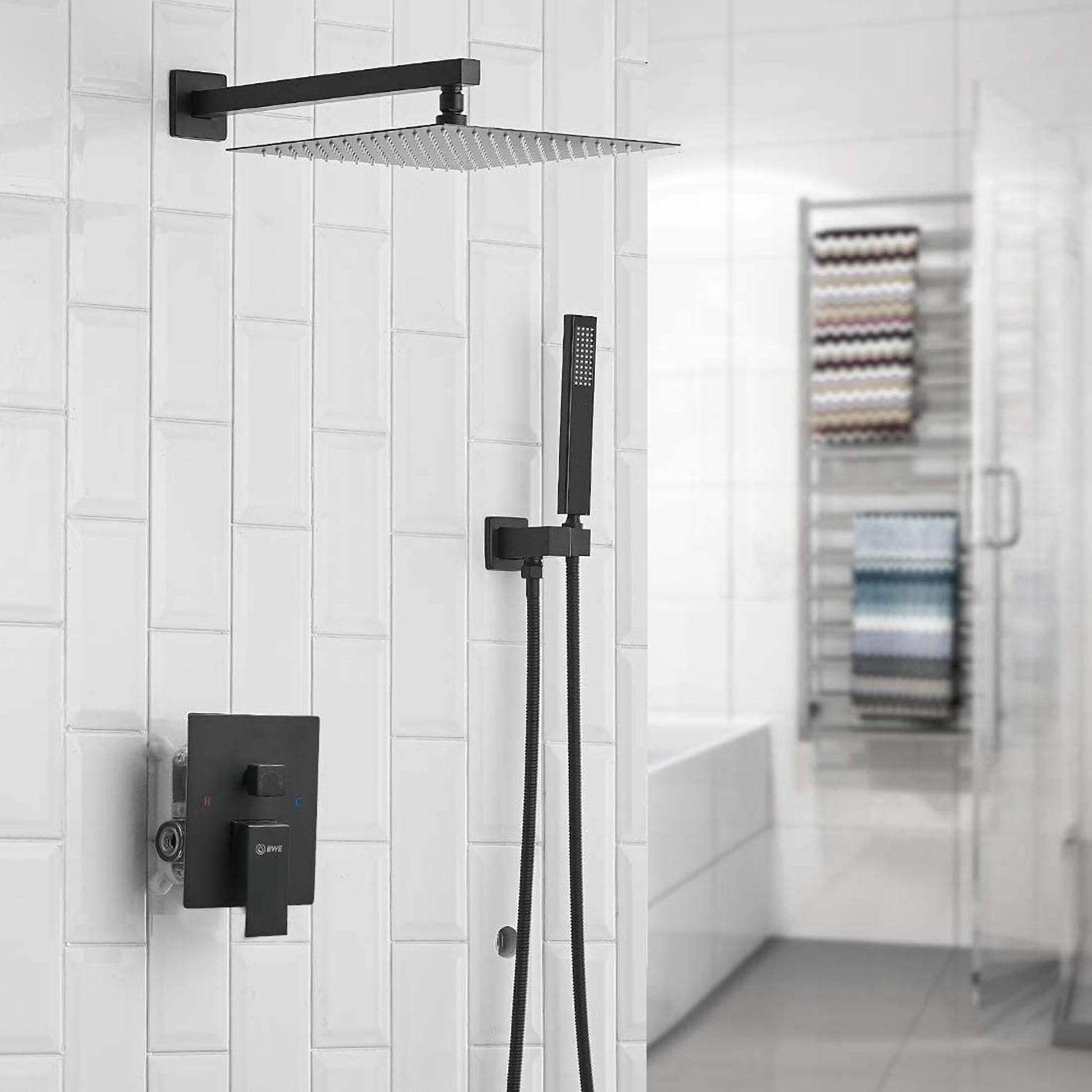 Mezcladora de regadera acabado negro mate de 1 manija multifunción cuadrada de 10 pulgadas con válvula A-95010-NEGRO