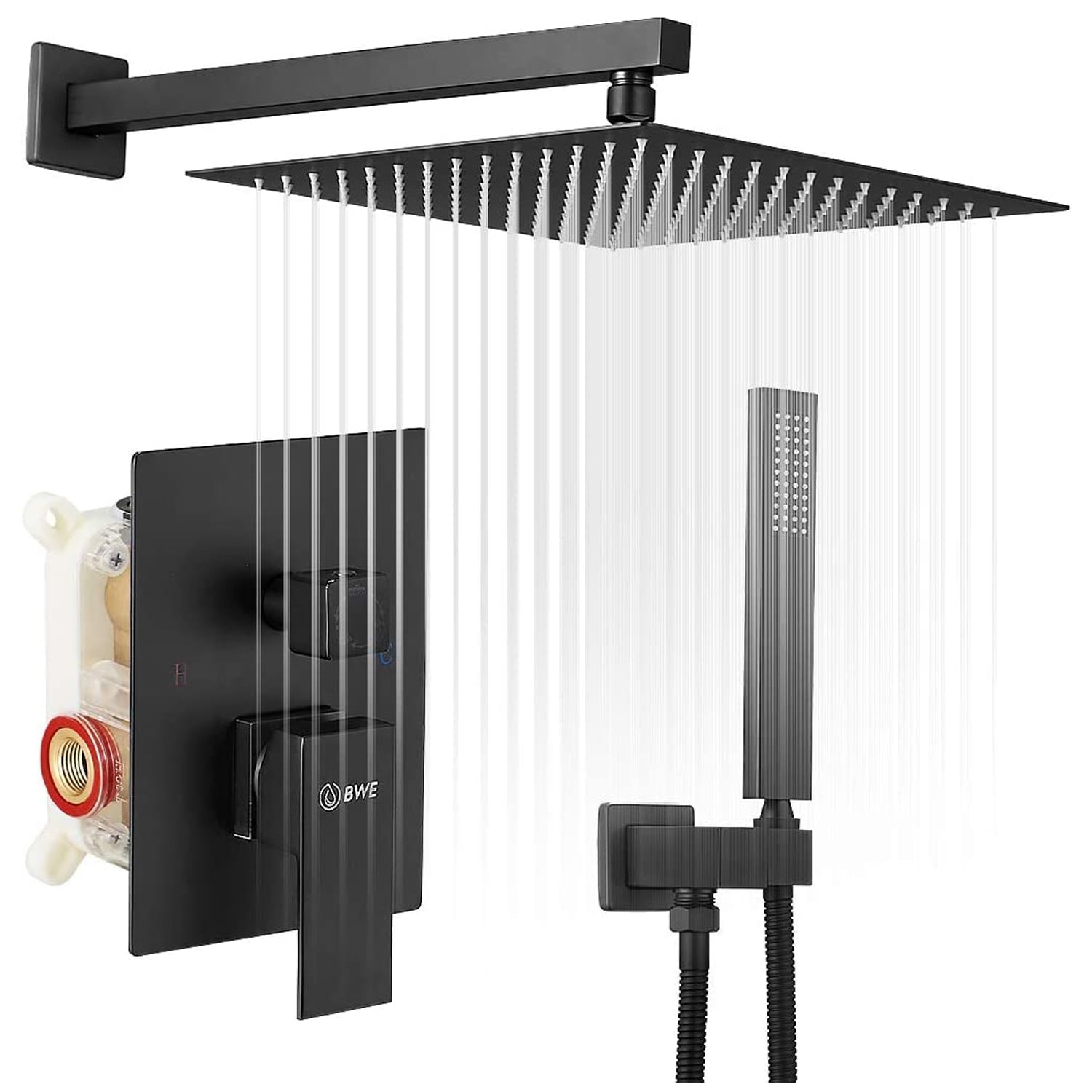 Mezcladora de regadera acabado negro mate de 1 manija multifunción cuadrada de 10 pulgadas con válvula A-95010-NEGRO