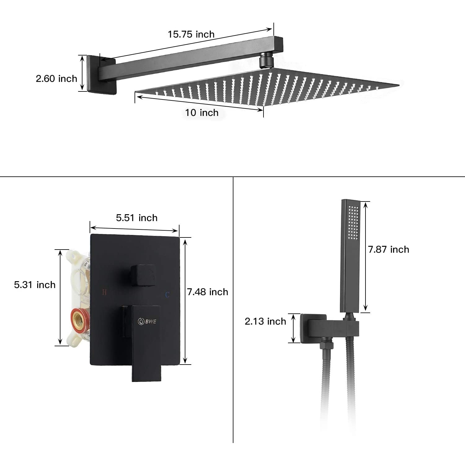Mezcladora de regadera acabado negro mate de 1 manija multifunción cuadrada de 10 pulgadas con válvula A-95010-NEGRO