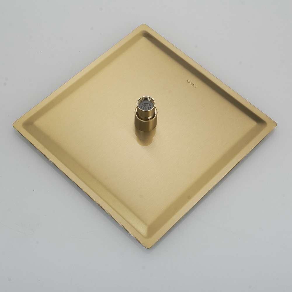 Regadera cuadrada de 10 pulgadas con acabado dorado cepillado y válvula de una manija.