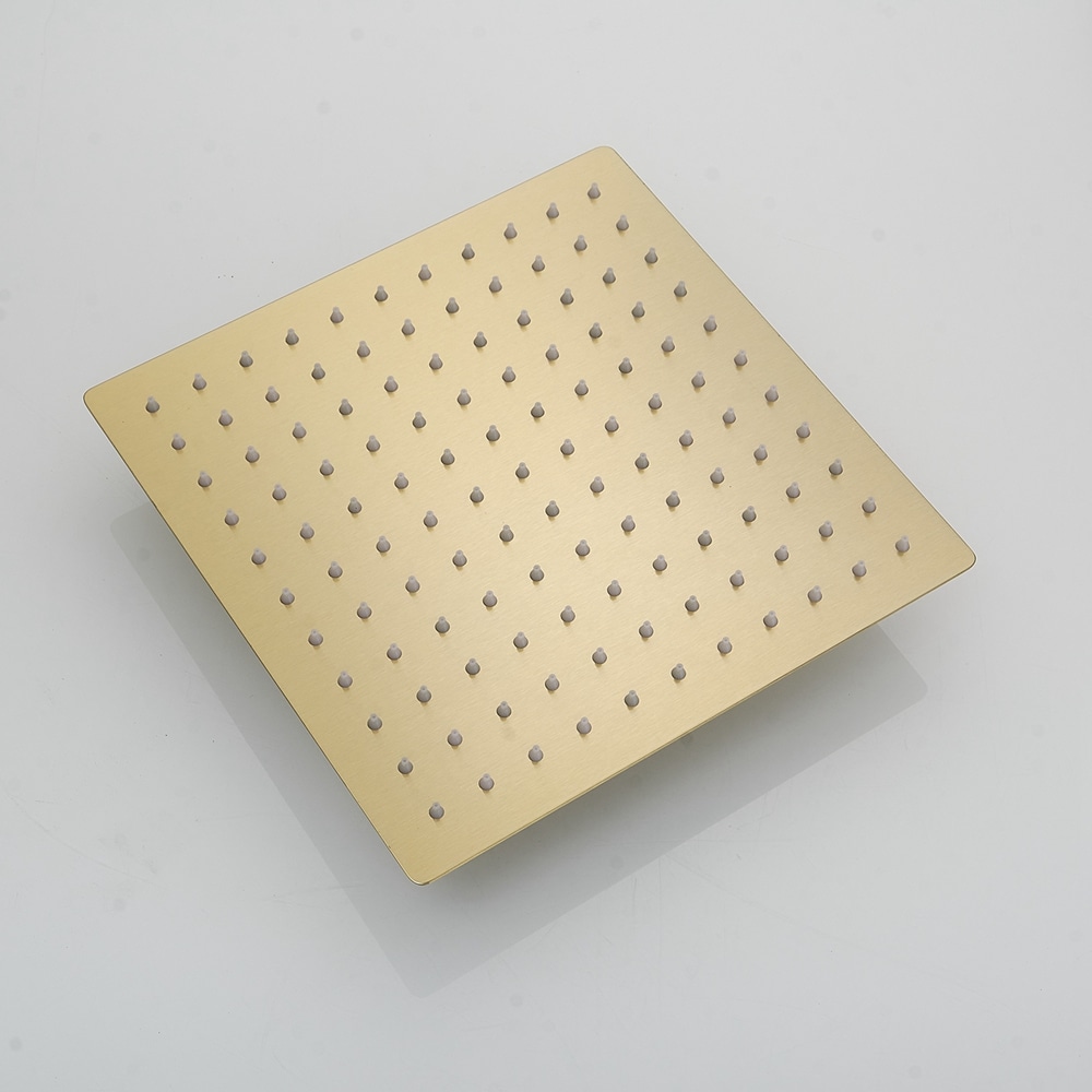 Regadera cuadrada de 10 pulgadas con acabado dorado cepillado y válvula de una manija.
