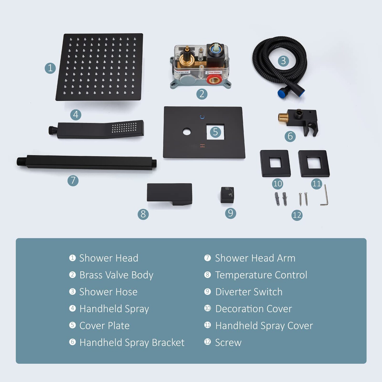 Sistema de regadera de lluvia WELLFOR DT negro mate de 1 manija Función individual 10 pulgadas Cuadrado Grifo de regadera con válvula DTG-680CS10MB