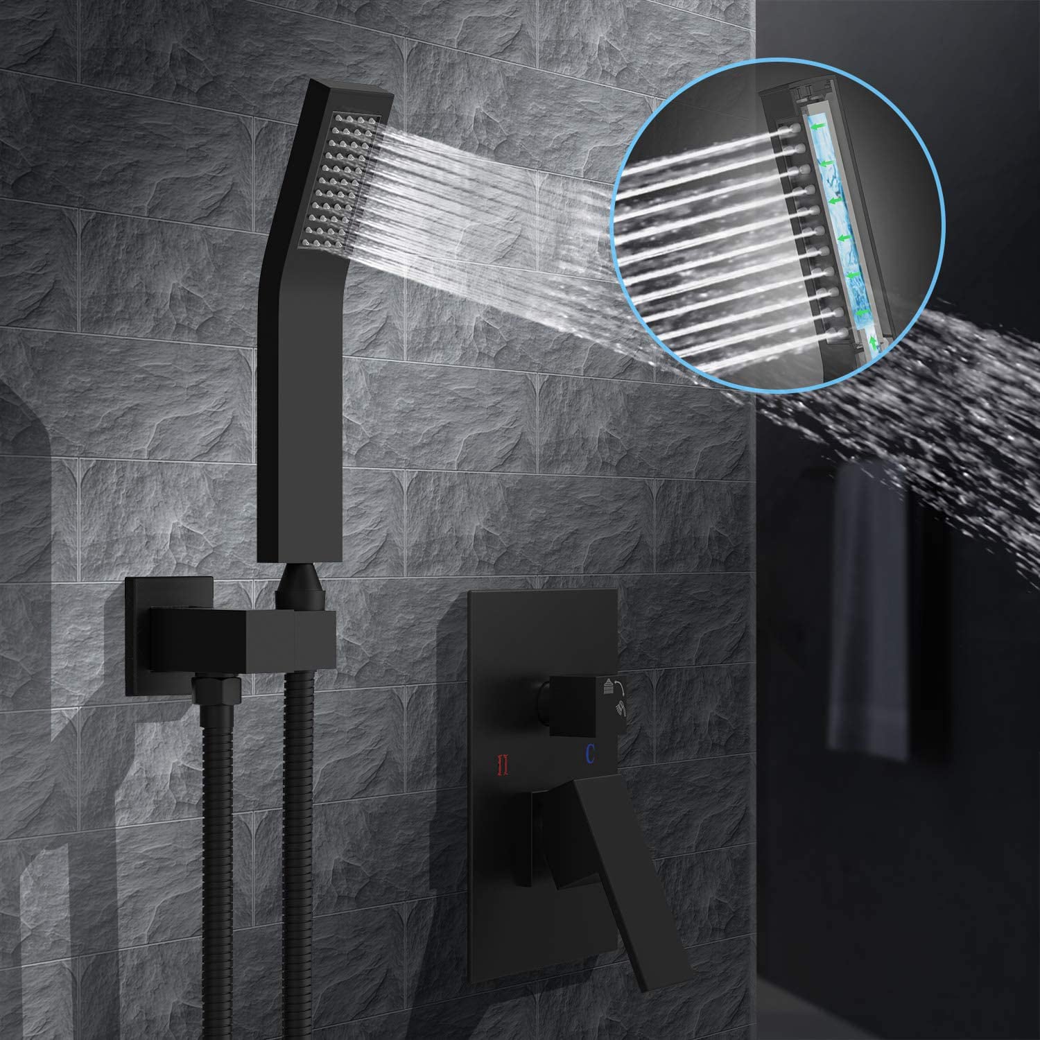 Sistema de regadera de lluvia WELLFOR DT negro mate de 1 manija Función individual 10 pulgadas Cuadrado Grifo de regadera con válvula DTG-680CS10MB