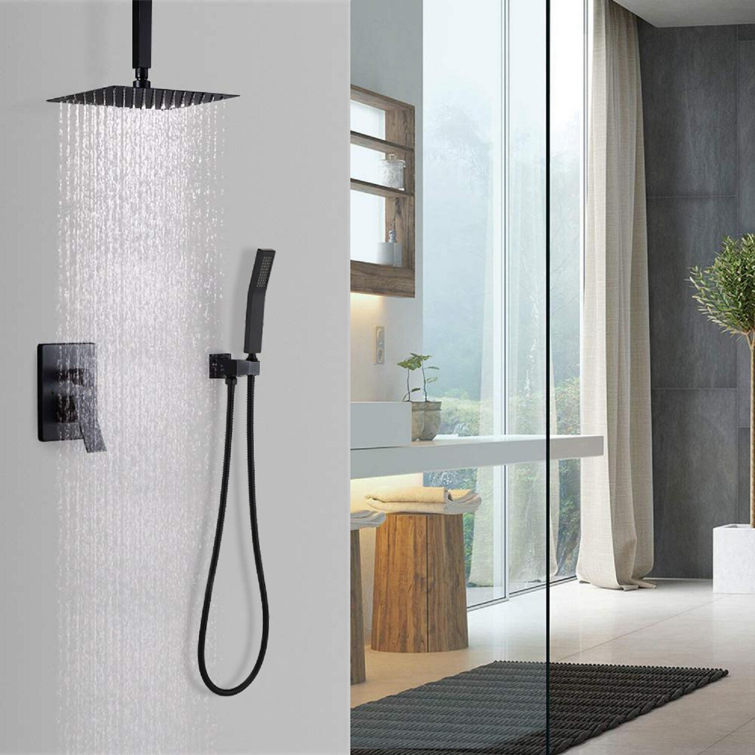 Sistema de regadera de lluvia WELLFOR DT negro mate de 1 manija Función individual 10 pulgadas Cuadrado Grifo de regadera con válvula DTG-680CS10MB