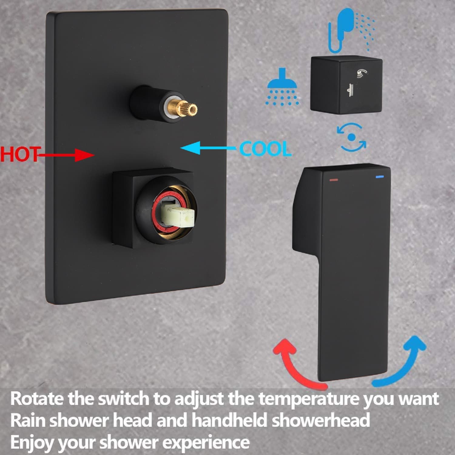 Sistema de regadera de lluvia WELLFOR DT negro mate de 1 manija Función individual 10 pulgadas Cuadrado Grifo de regadera con válvula DTG-680CS10MB