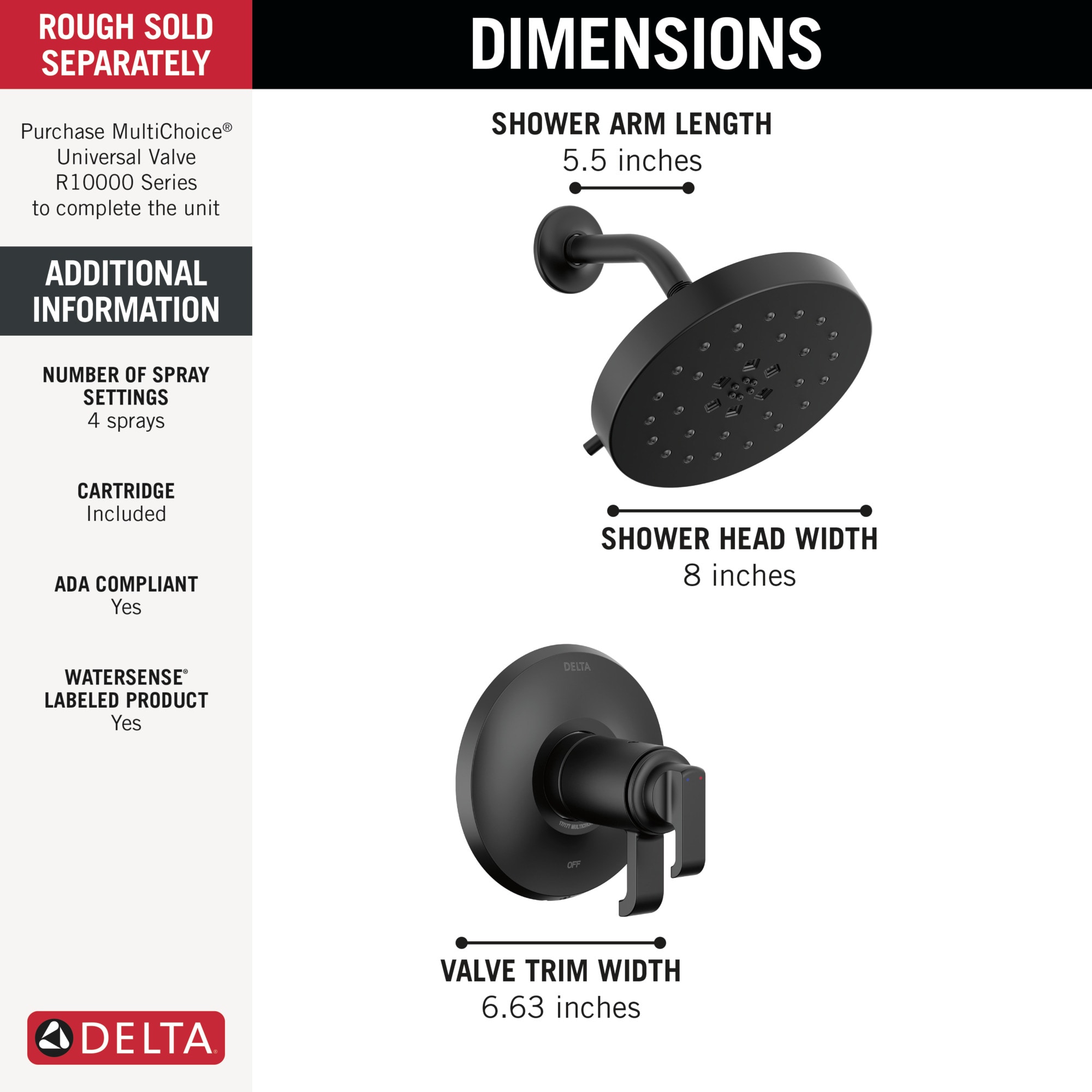 Grifo de ducha redondo de 8 pulgadas con dos manijas en negro mate Delta Tetra T17T289-BL