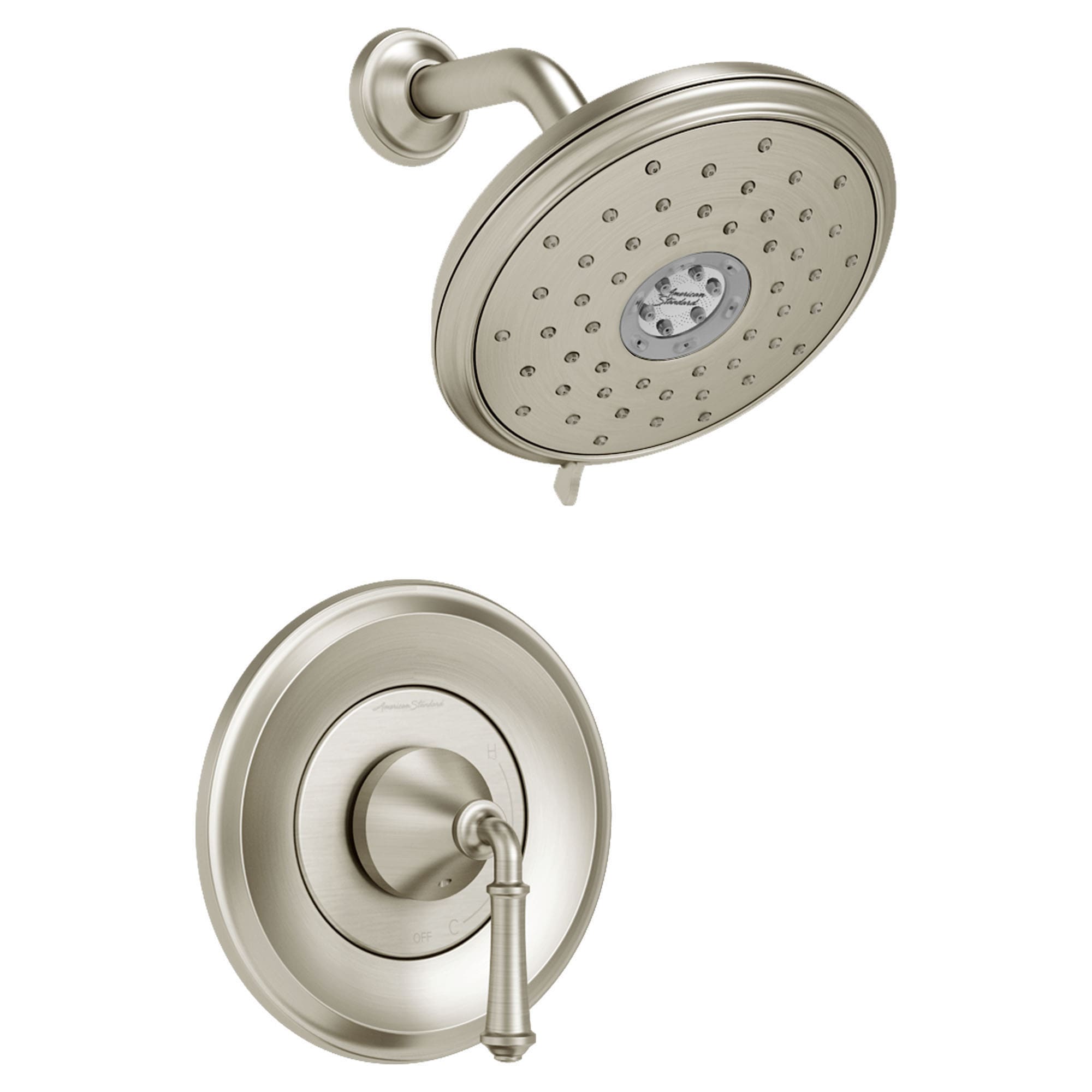 Llave de regadera redonda de función única con un mango en níquel cepillado American Standard Delancey de 7.25 pulgadas - TU052507.295