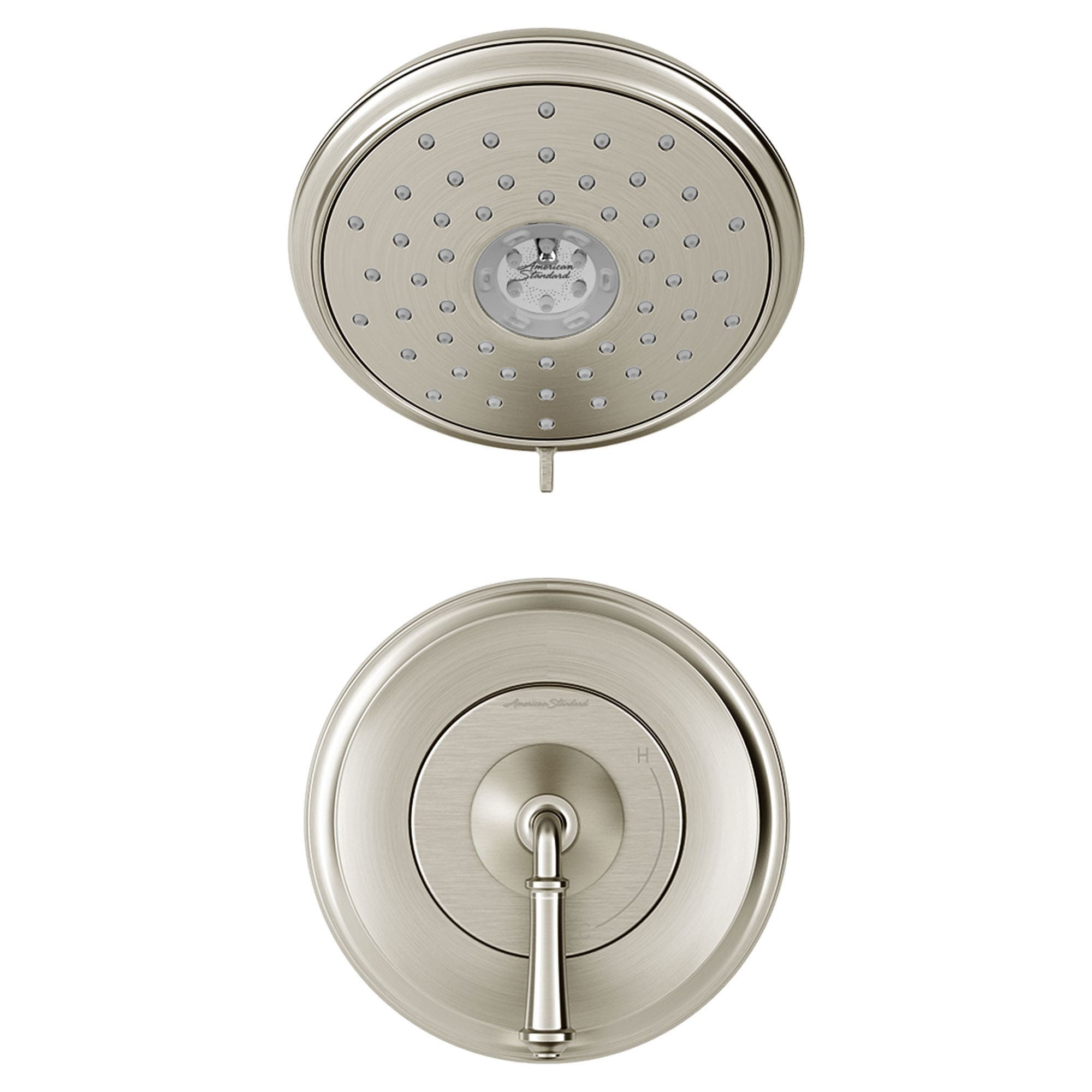 Llave de regadera redonda de función única con un mango en níquel cepillado American Standard Delancey de 7.25 pulgadas - TU052507.295