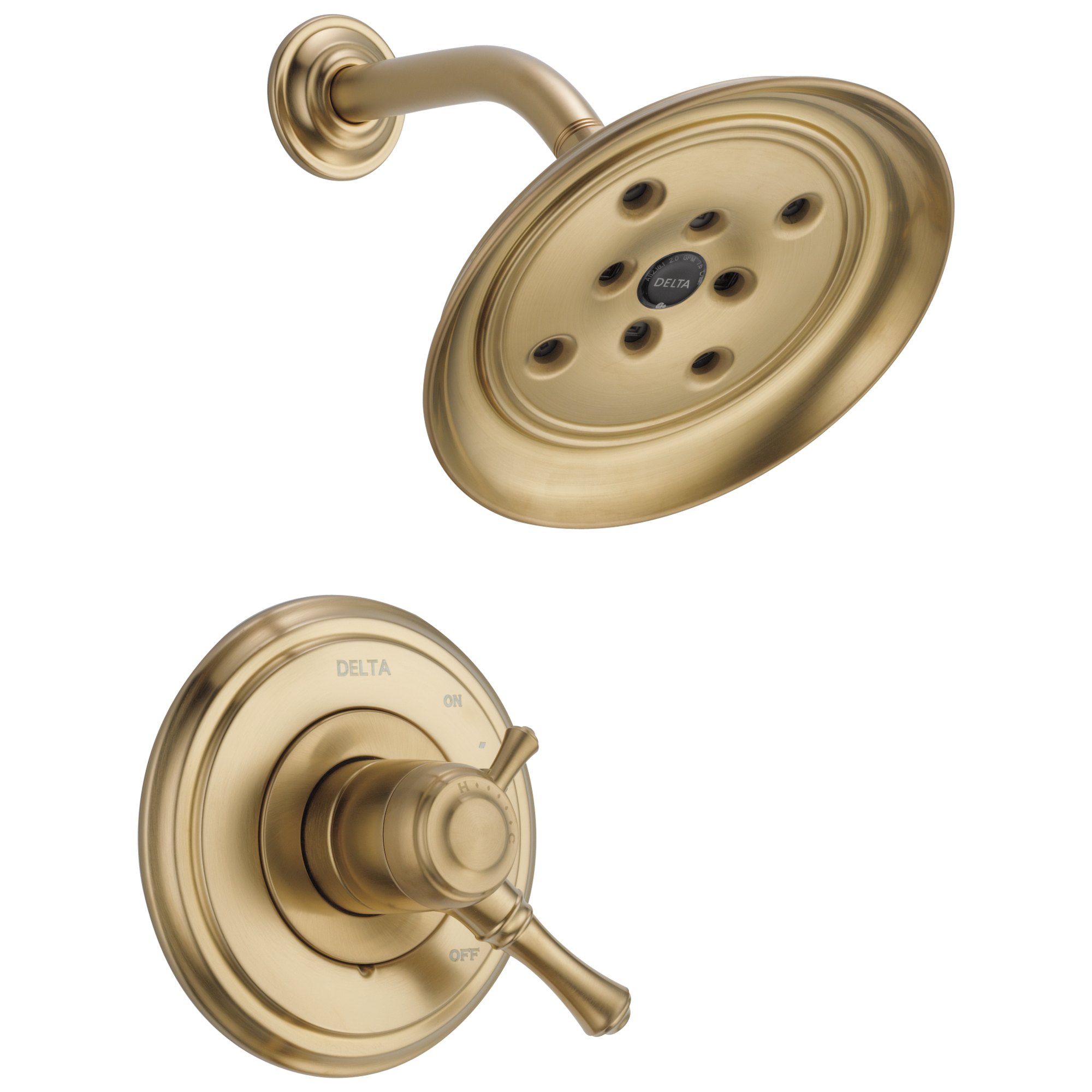 Grifo de ducha redondo de una manija y función única en bronce champan Delta Cassidy 7.875 pulgadas T17247-CZ.