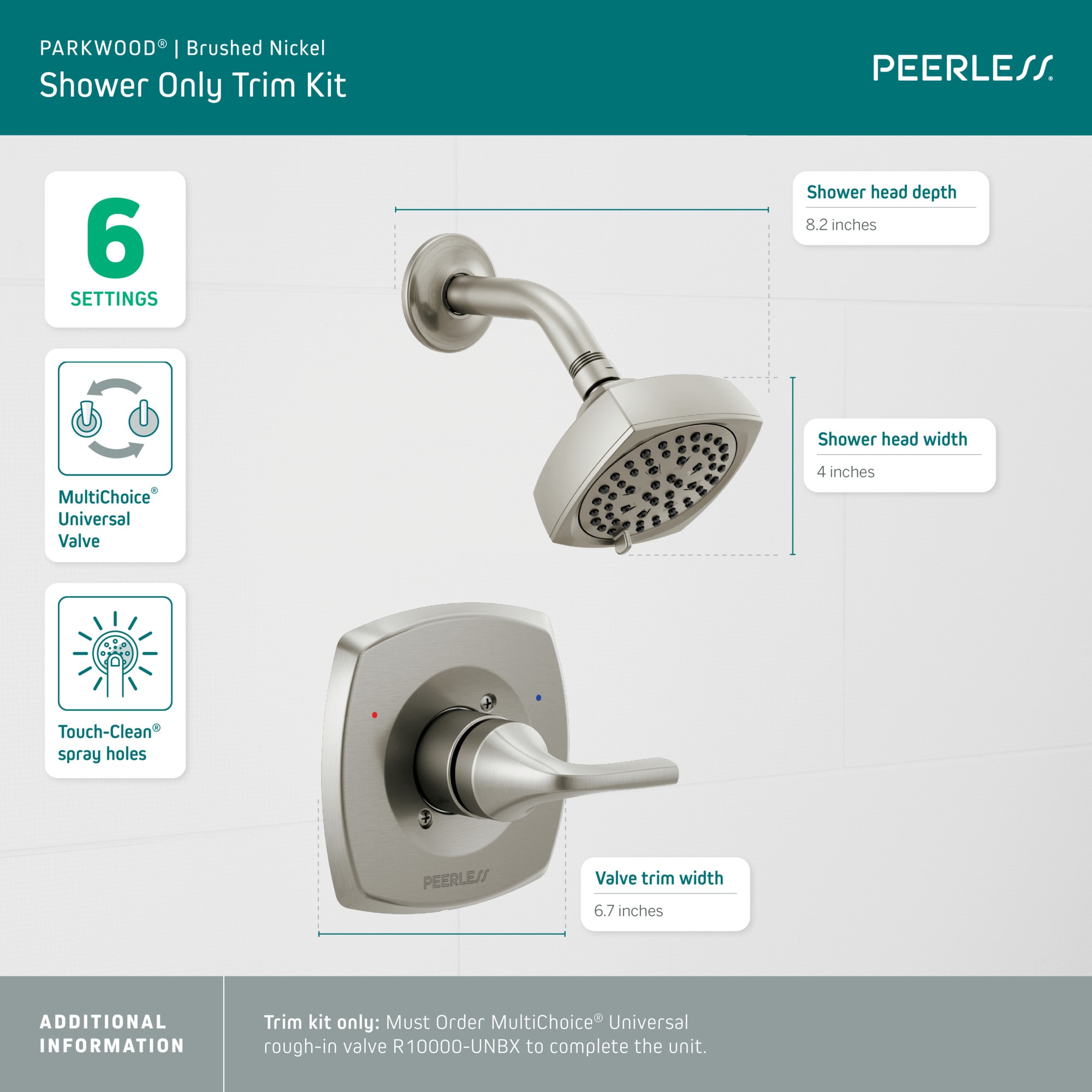Regadera redonda de 4 pulgadas con función multicontrol de un solo mango en níquel cepillado, Peerless Parkwood PTT14235-BN.