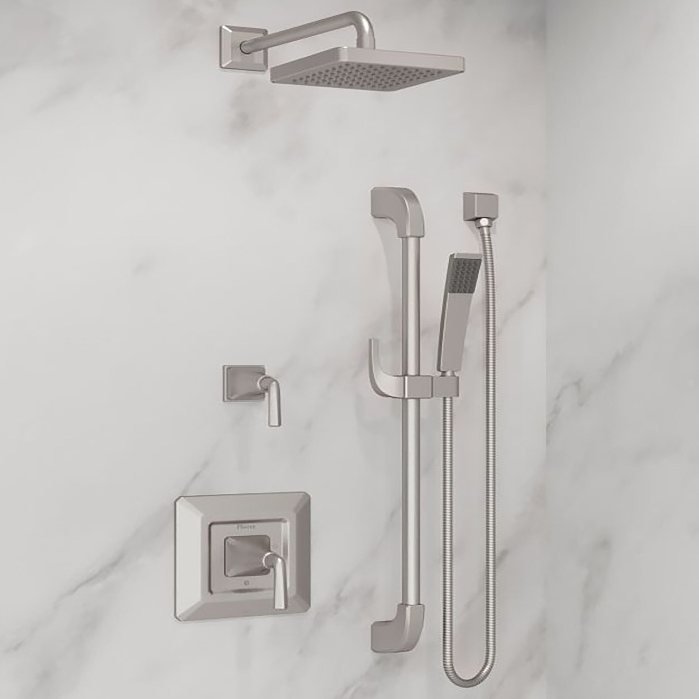Mezcladora para ducha cuadrada de 7 pulgadas con acabado de níquel cepillado de una manija y función única en Park Avenue Pfister
