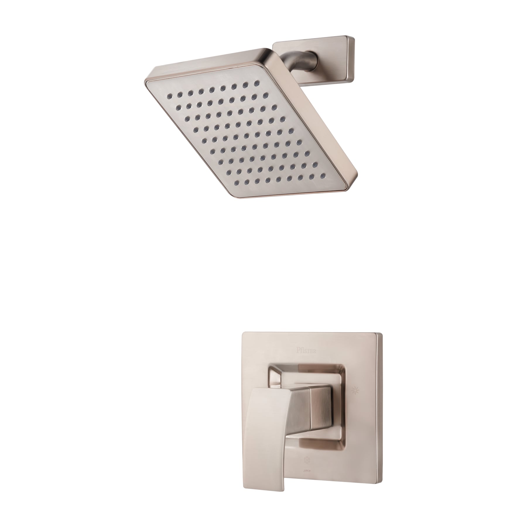 Grifo de ducha cuadrado de 7,0 pulgadas con un solo mango y función única, en níquel cepillado modelo Kenzo de Pfister LG89-7DFK.
