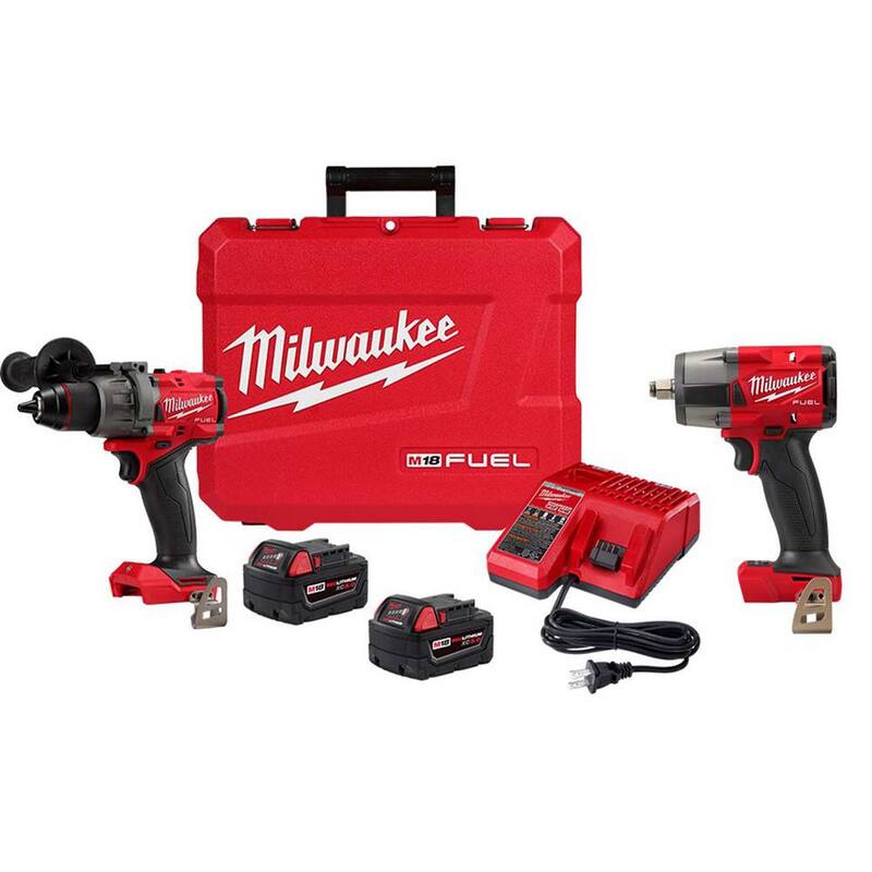 Juego de taladro percutor inalámbrico Milwaukee M18 Fuel de 18 V con motor sin escobillas de iones de litio y juego de llave de impacto M18 FUEL de 1/2 pulgada - 2904-22-2962-20.