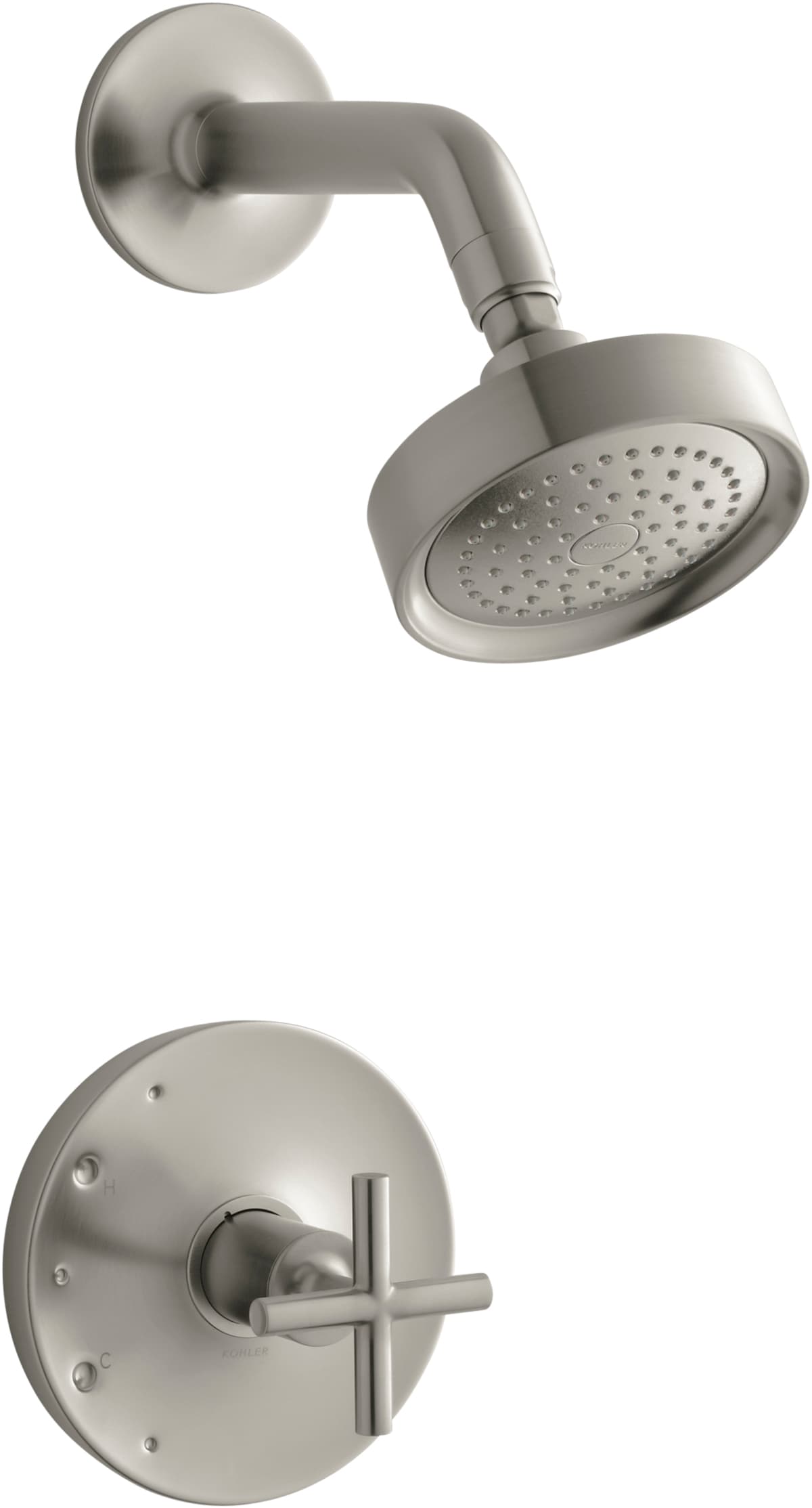 Grifo de ducha redondo de una sola función con un mango en níquel cepillado vibrante Purist de KOHLER