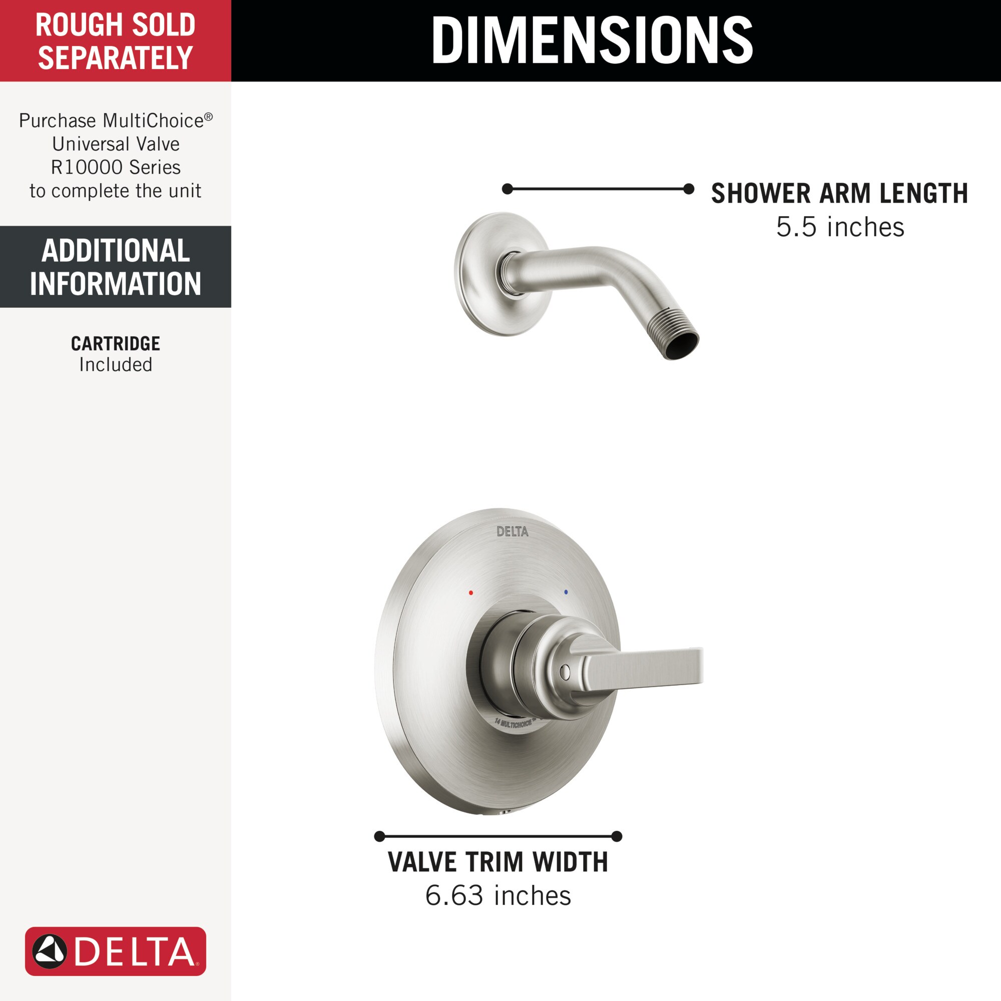 Grifería de ducha de una manija con recubrimiento Lumicoat de acero inoxidable Delta Tetra, se vende por separado T14289-SS-PR-LHD.