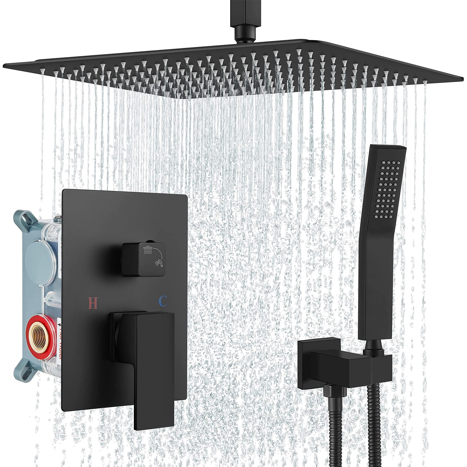 Sistema de regadera WELLFOR DT Negro mate de 1 manija Función única Ducha cuadrada de 16 pulgadas con válvula DTG-806CS16MB