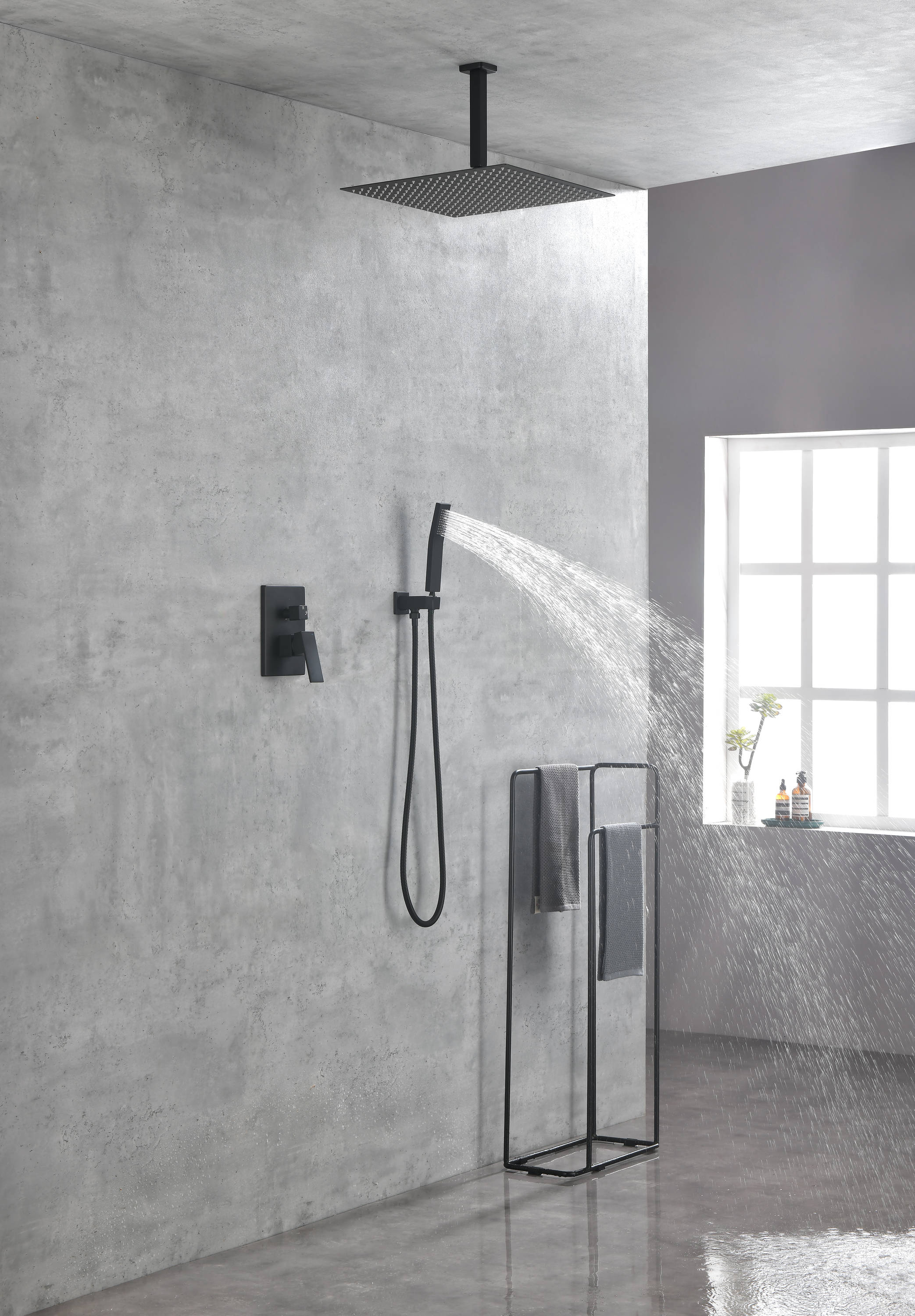 Sistema de regadera WELLFOR DT Negro mate de 1 manija Función única Ducha cuadrada de 16 pulgadas con válvula DTG-806CS16MB