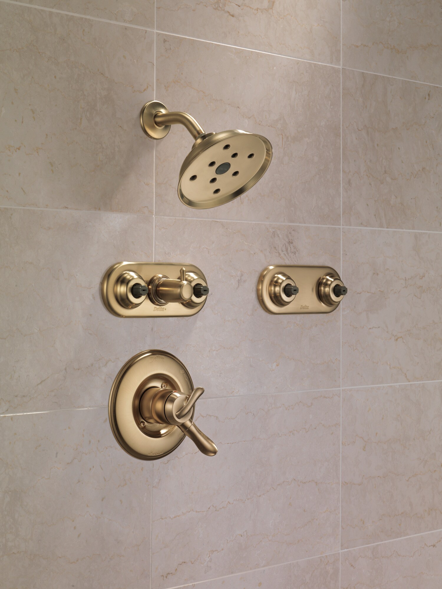 Grifo de ducha redondo de 6.0000 pulgadas con dos manijas en color bronce champagne Delta Linden T17294-CZ.