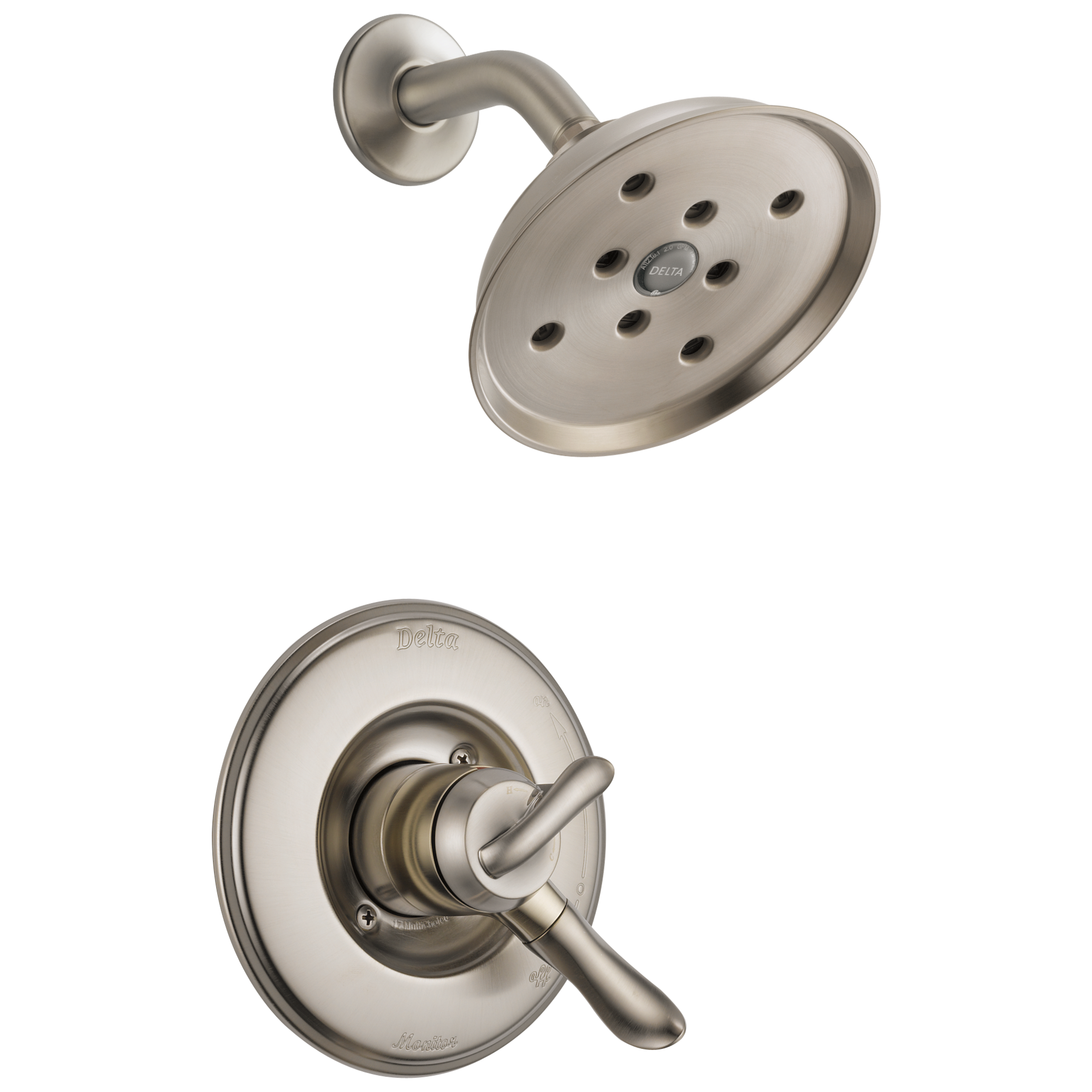 Regadera redonda de acero inoxidable de 6.0 pulgadas de función única con dos manijas Delta Linden T17294-SS