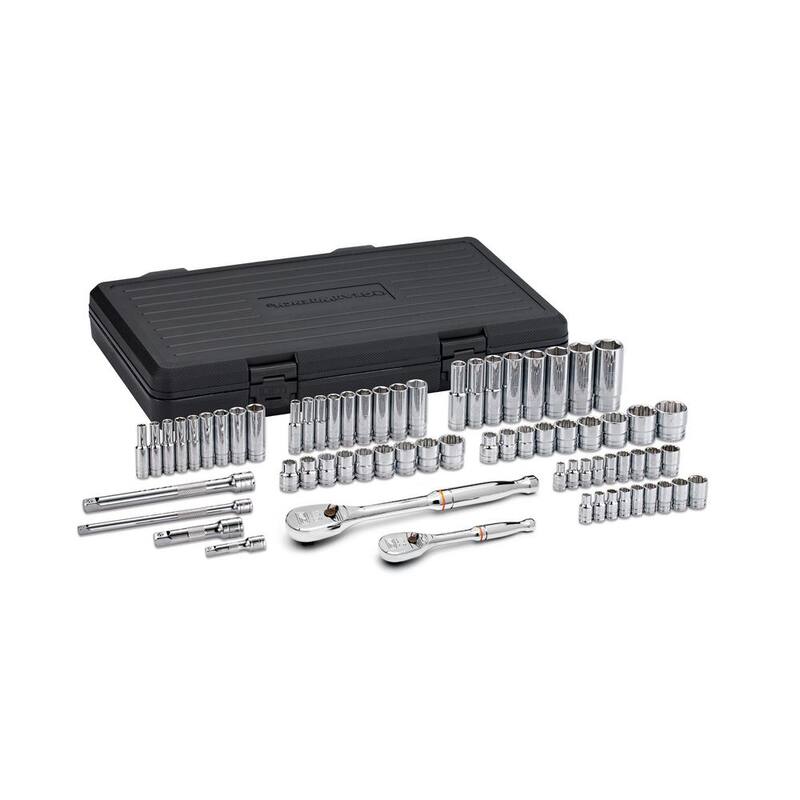 Juego de herramientas mecánicas GEARWRENCH de 1/4 y 3/8 pulgadas de 90 dientes con trinquete y dados estándar y profundos SAE/métricos (68 piezas) - 83000