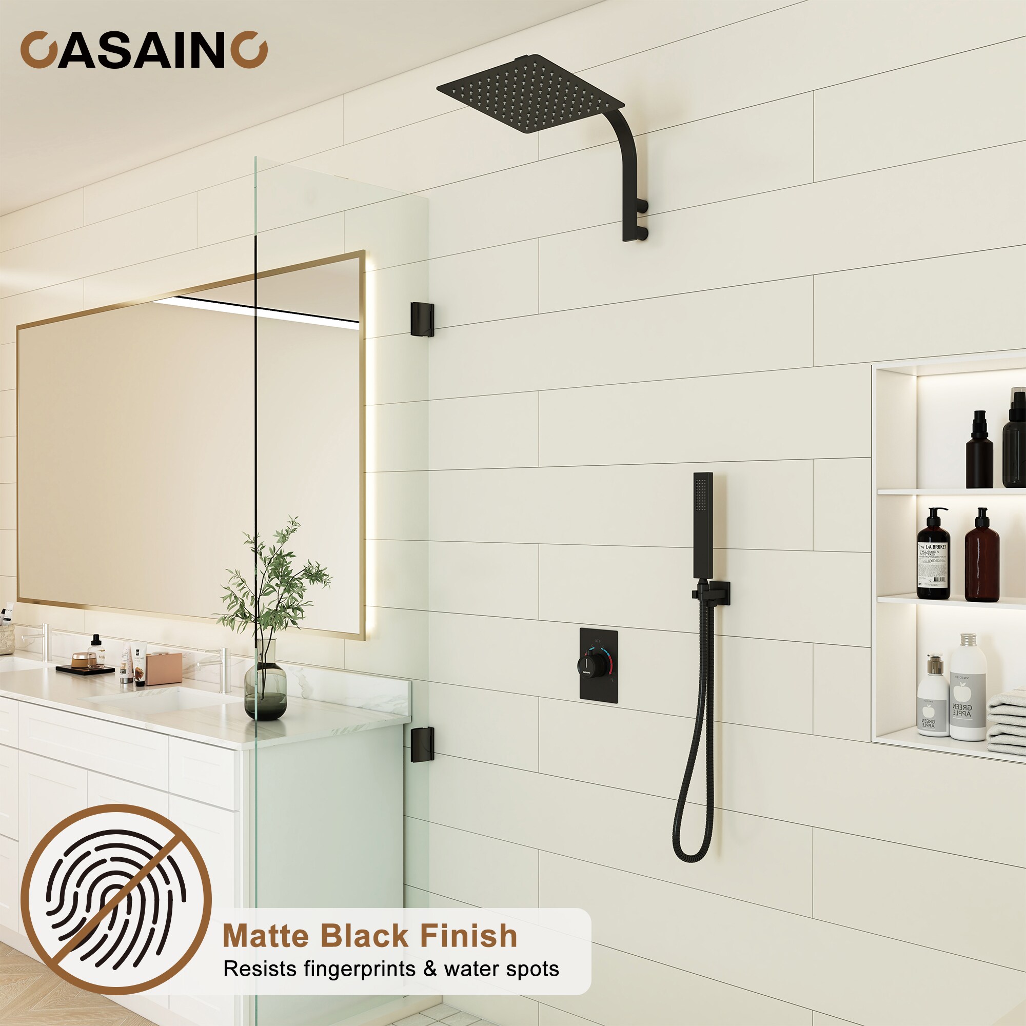 Regadera Termostática de Lujo Mate Negro de CASAINC con 1 Manija y Función Única de 10 Pulgadas con Válvula WF-N93101LSJ-10