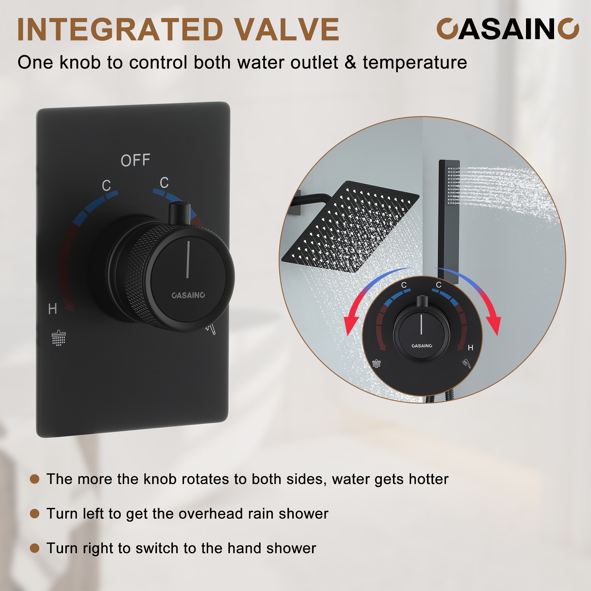 Regadera Termostática de Lujo Mate Negro de CASAINC con 1 Manija y Función Única de 10 Pulgadas con Válvula WF-N93101LSJ-10